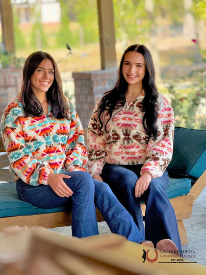 Rock&Roll Womens Cream Aztec Print Sherpa Pullover Pink/Green BW91C04476