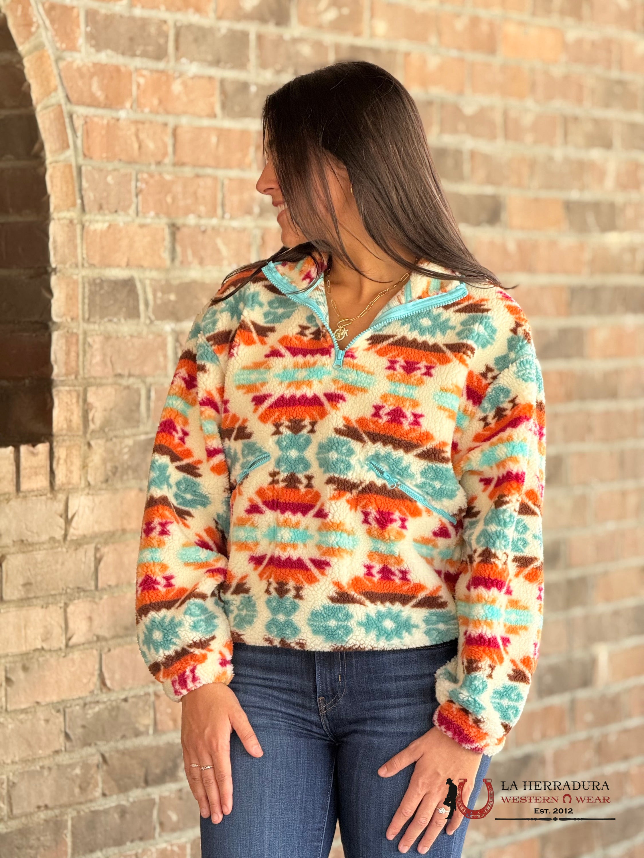 Rock&Roll Womens Cream Aztec Print Sherpa Pullover Ropa Mujeres