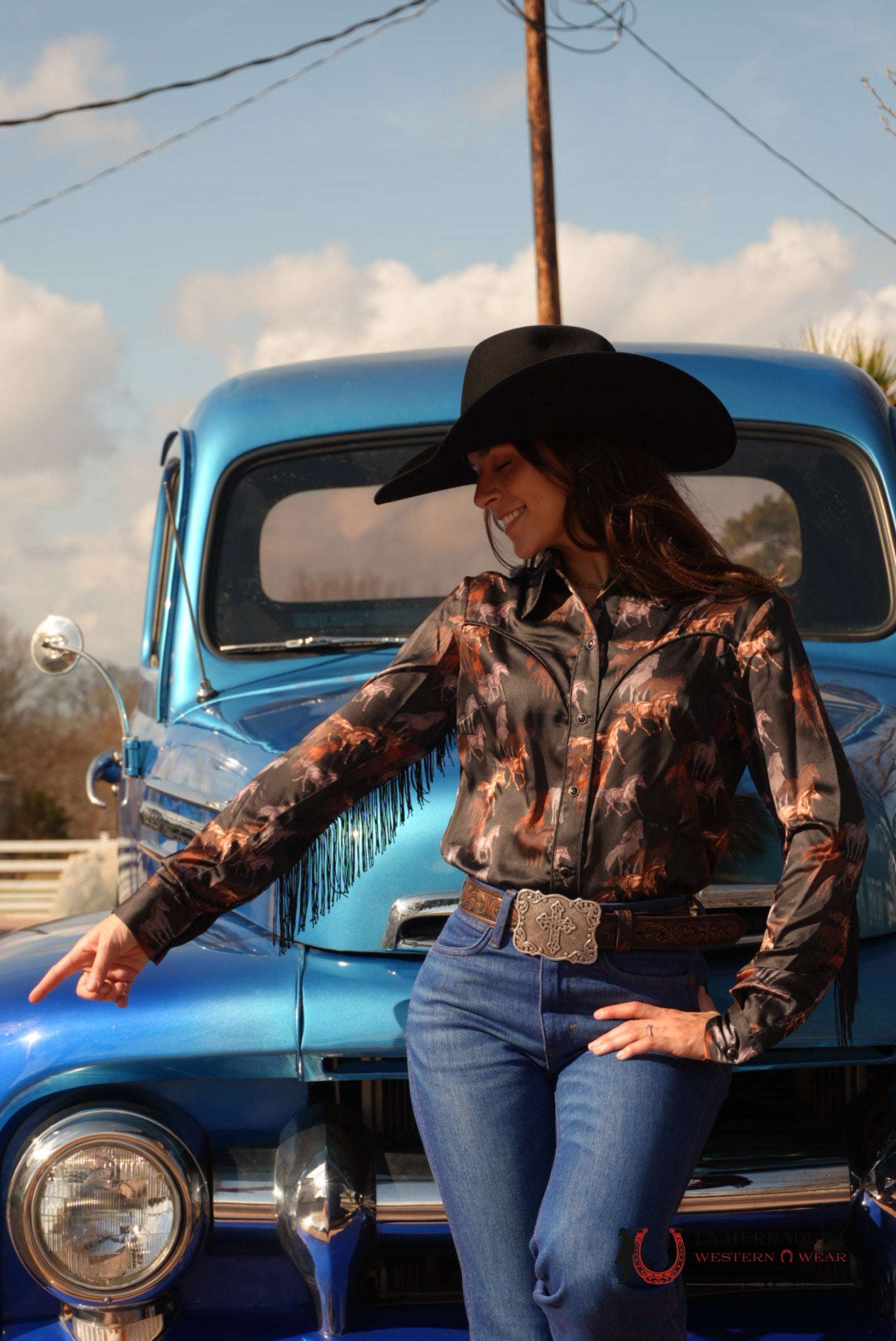 ROCK&ROLL WOMENS HORSE PRNT SATIN SNAP LONG SLEEVE SNAP SHIRTI BWN2S05