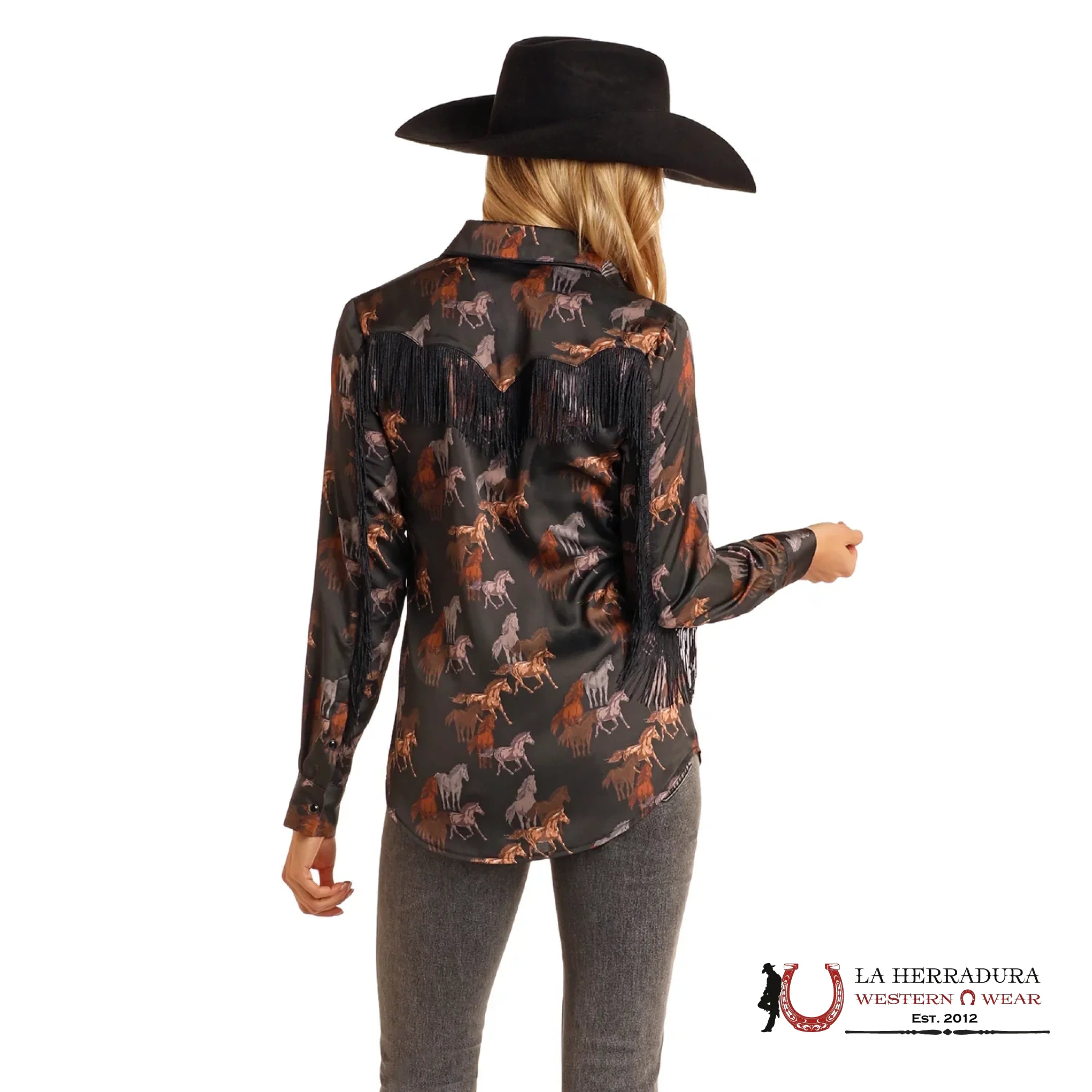 Rock&Roll Womens Horse Prnt Satin Snap Long Sleeve Shirti Ropa Mujeres