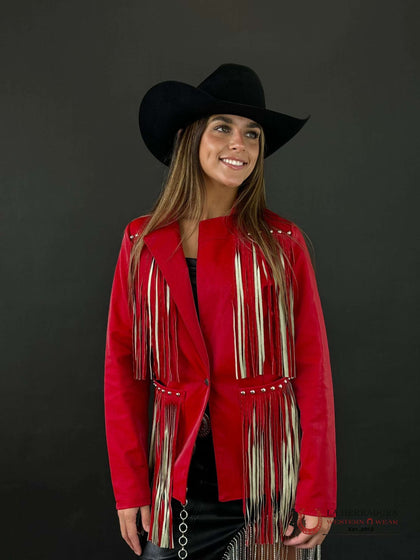 Chaqueta larga roja de Rock&Roll para mujer con flecos en la espalda BW92D03030
