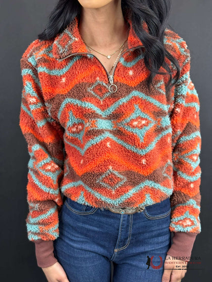 Rock&Roll Womens Orange Aztec Printed Pullover RRWT91R041
