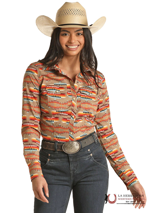ROCK&ROLL WOMENS TAN AZTEC SNAP RRWSOSR0QE
