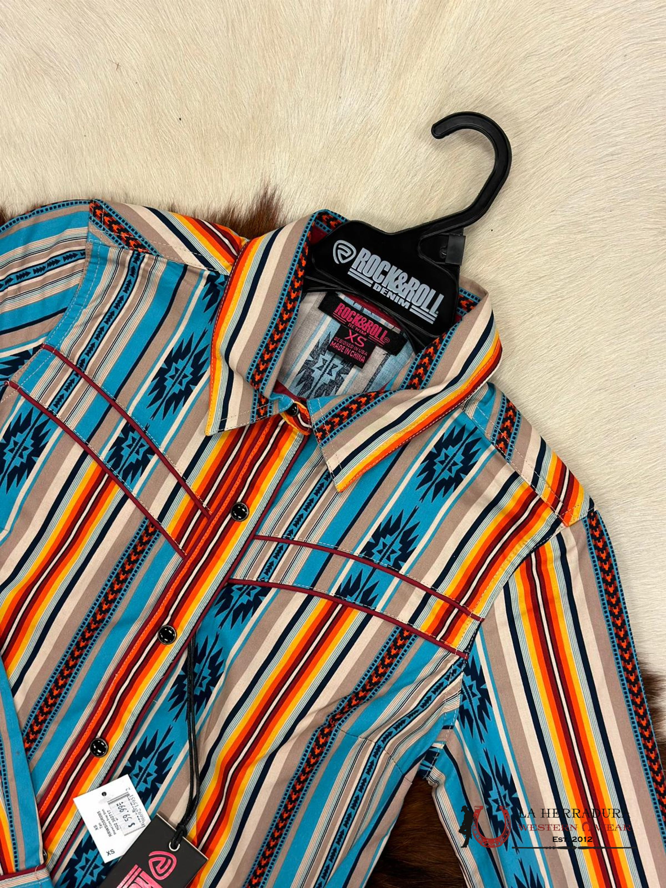 Rock&Roll Womens Button Up Blue Orange Stripe Aztec Ropa Mujeres