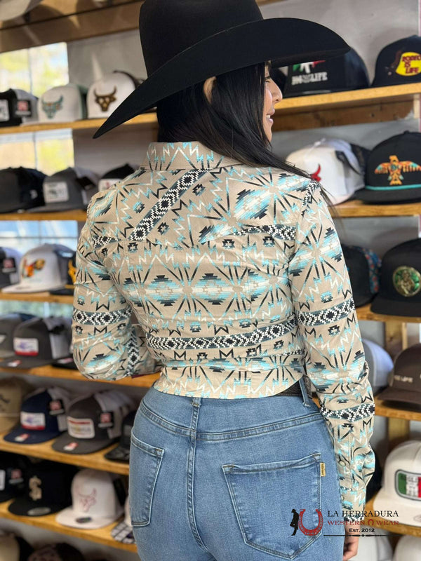 ROCK&ROLL WOMENS TEAL SAND SNAP AZTEC PRINT SHIRT RRWSOSR0R5
