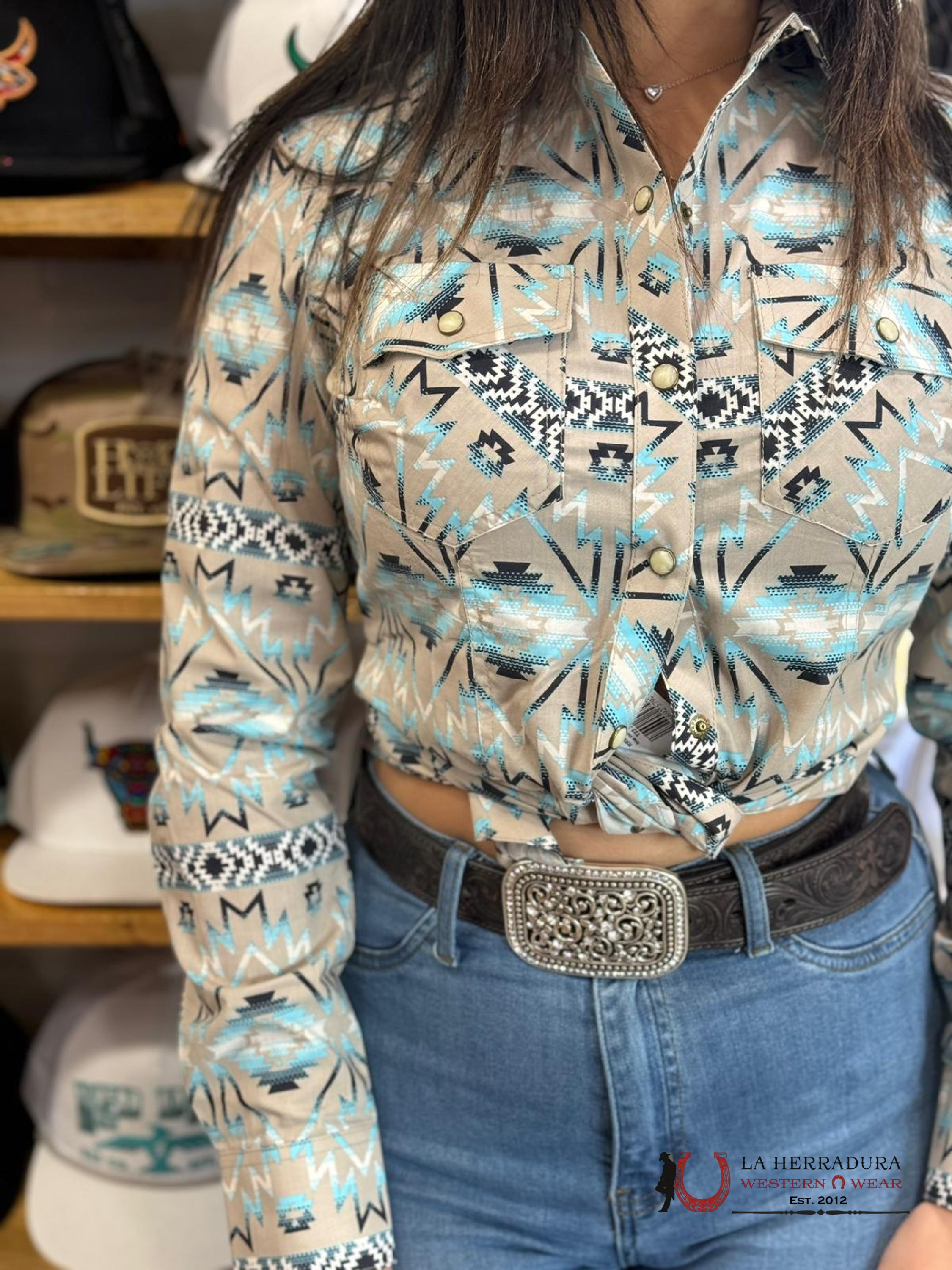 Rock&Roll Womens Teal Sand Snap Aztec Print Shirt Ropa Mujeres