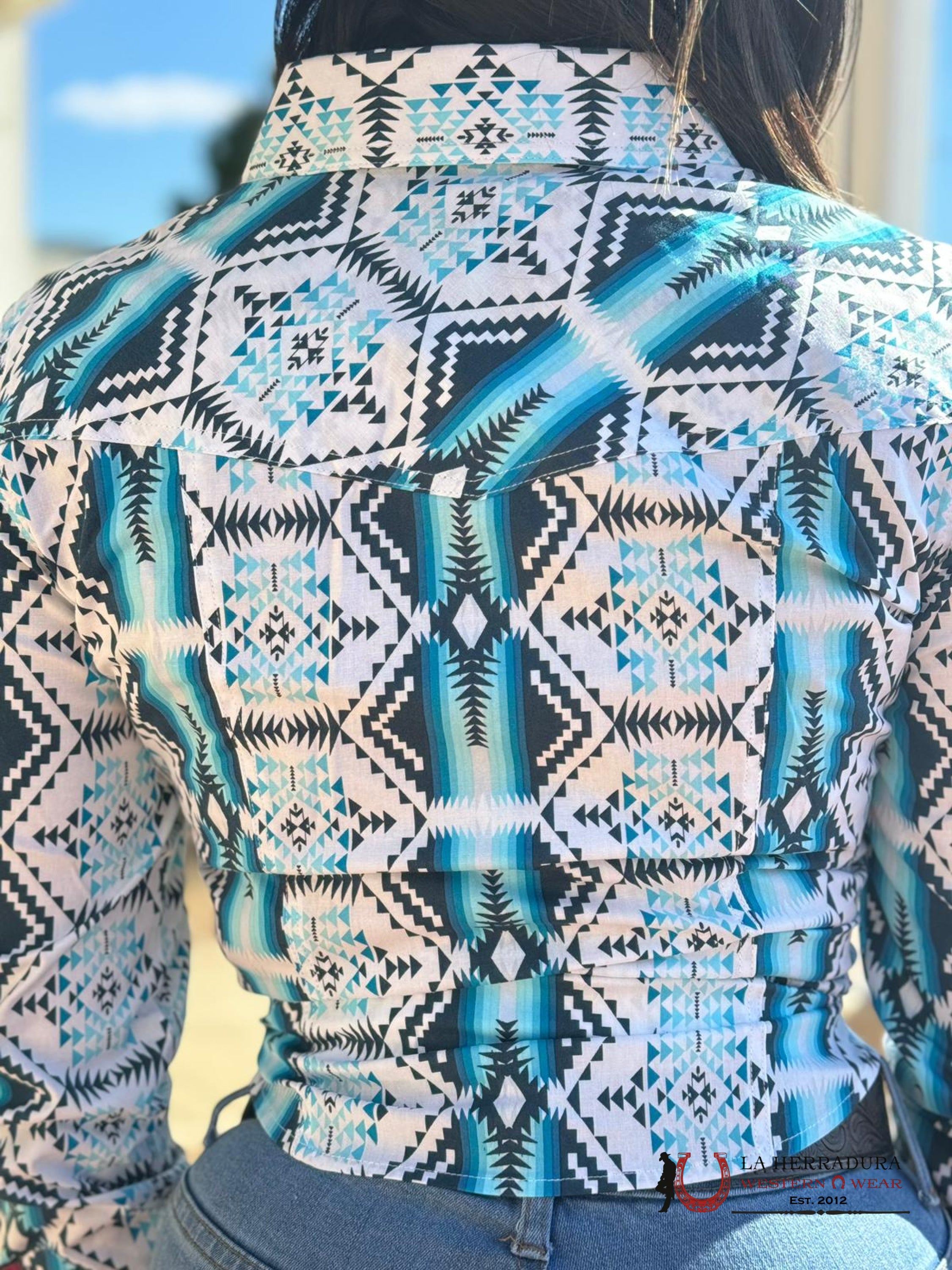 Rock&Roll Womens Teal White Aztec Print Snap Shirt Ropa Mujeres