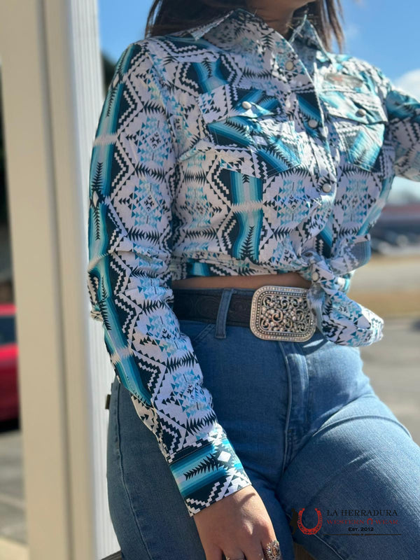 ROCK&ROLL WOMENS TEAL WHITE AZTEC PRINT SNAP SHIRT RRWSOSR0R6