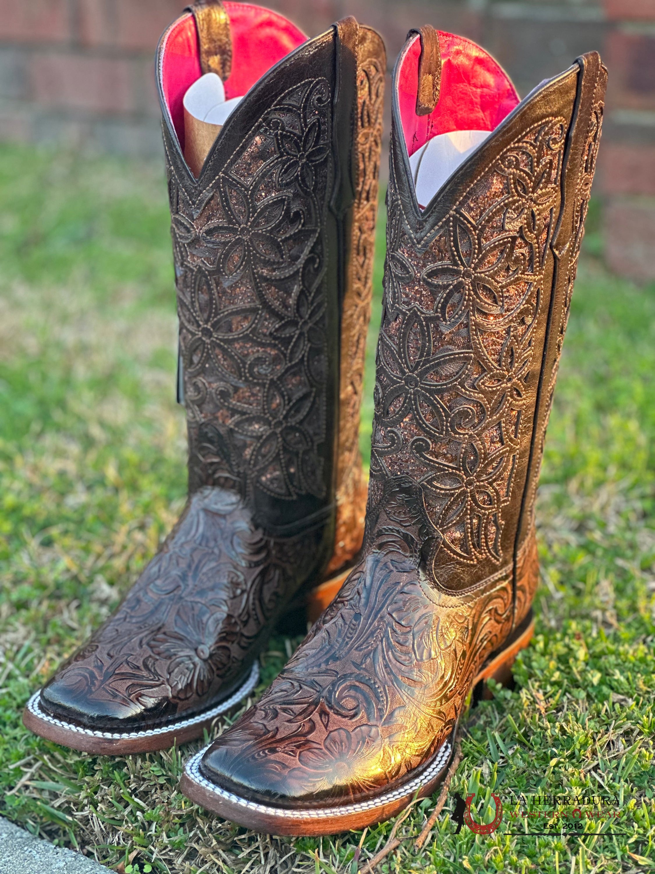 Womens Flor De Luz Hand Tooled Brown Square Toe Alma Botas Mujeres