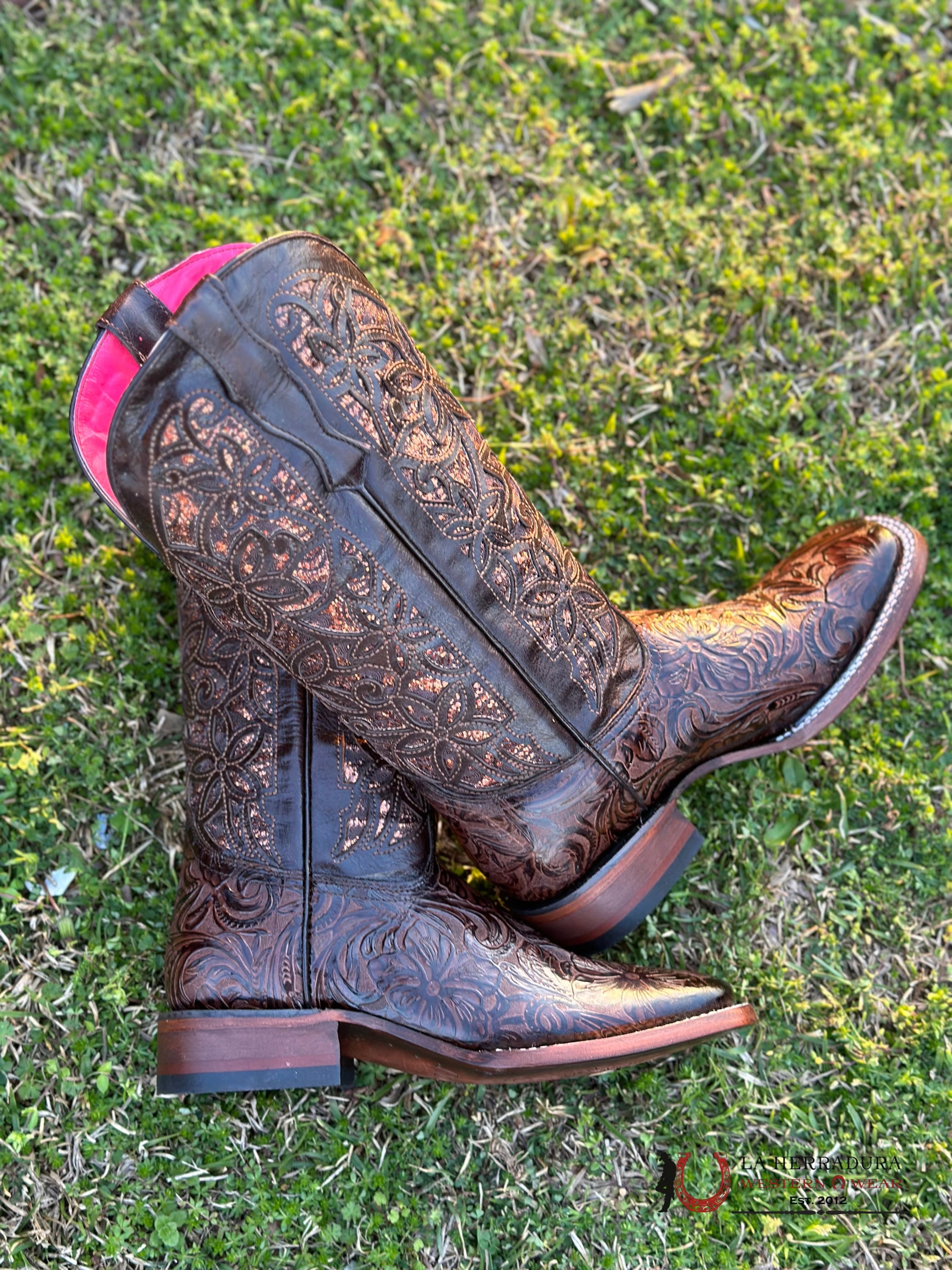 Womens Flor De Luz Hand Tooled Brown Square Toe Alma Botas Mujeres