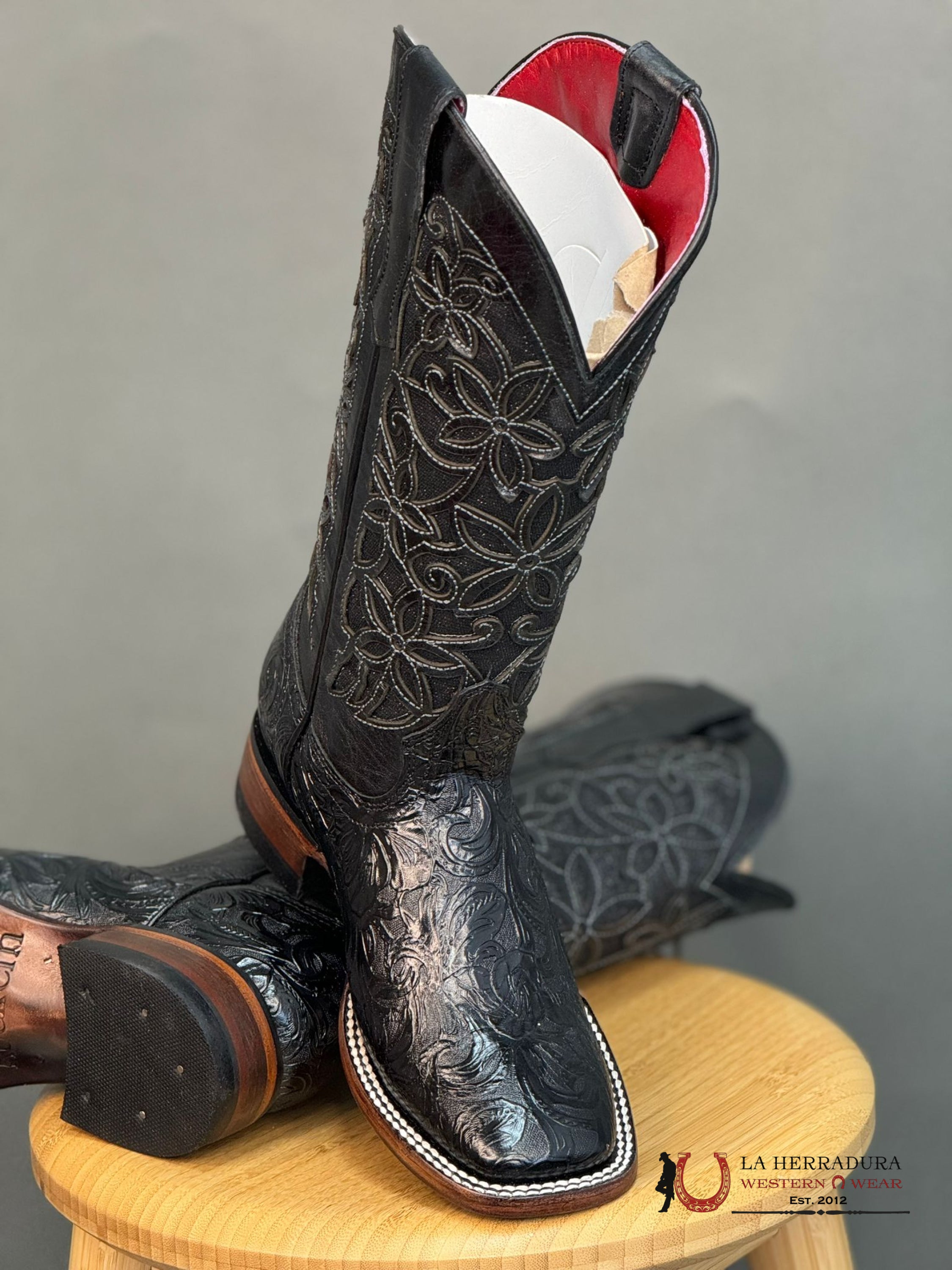 Womens Flor De Luz Hand Tooled Black With Brown Bottom Square Toe Botas Mujeres