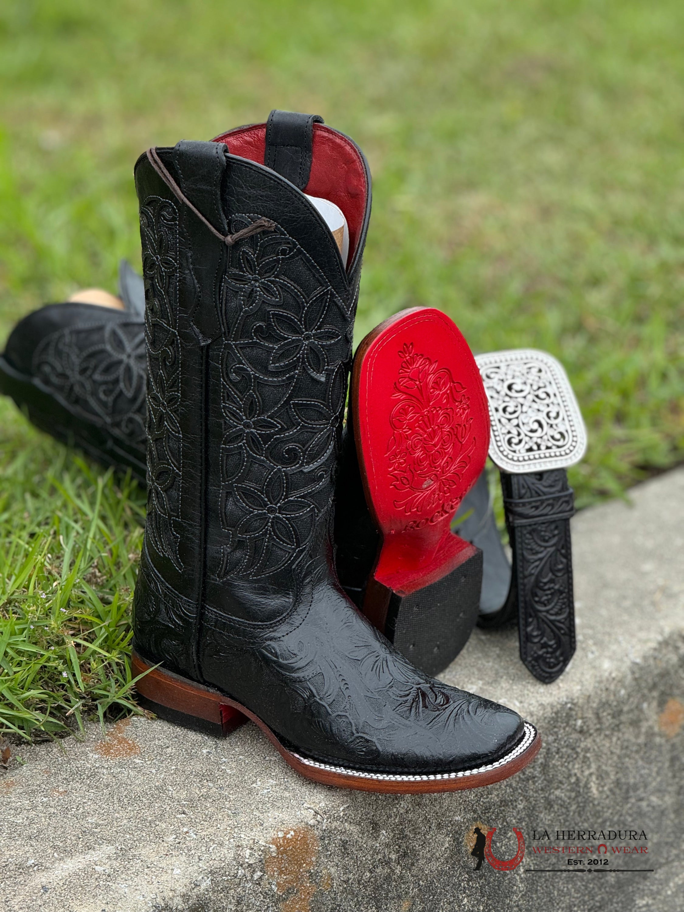 Womens Flor De Luz Hand Tooled Black With Brown Bottom Square Toe Botas Mujeres