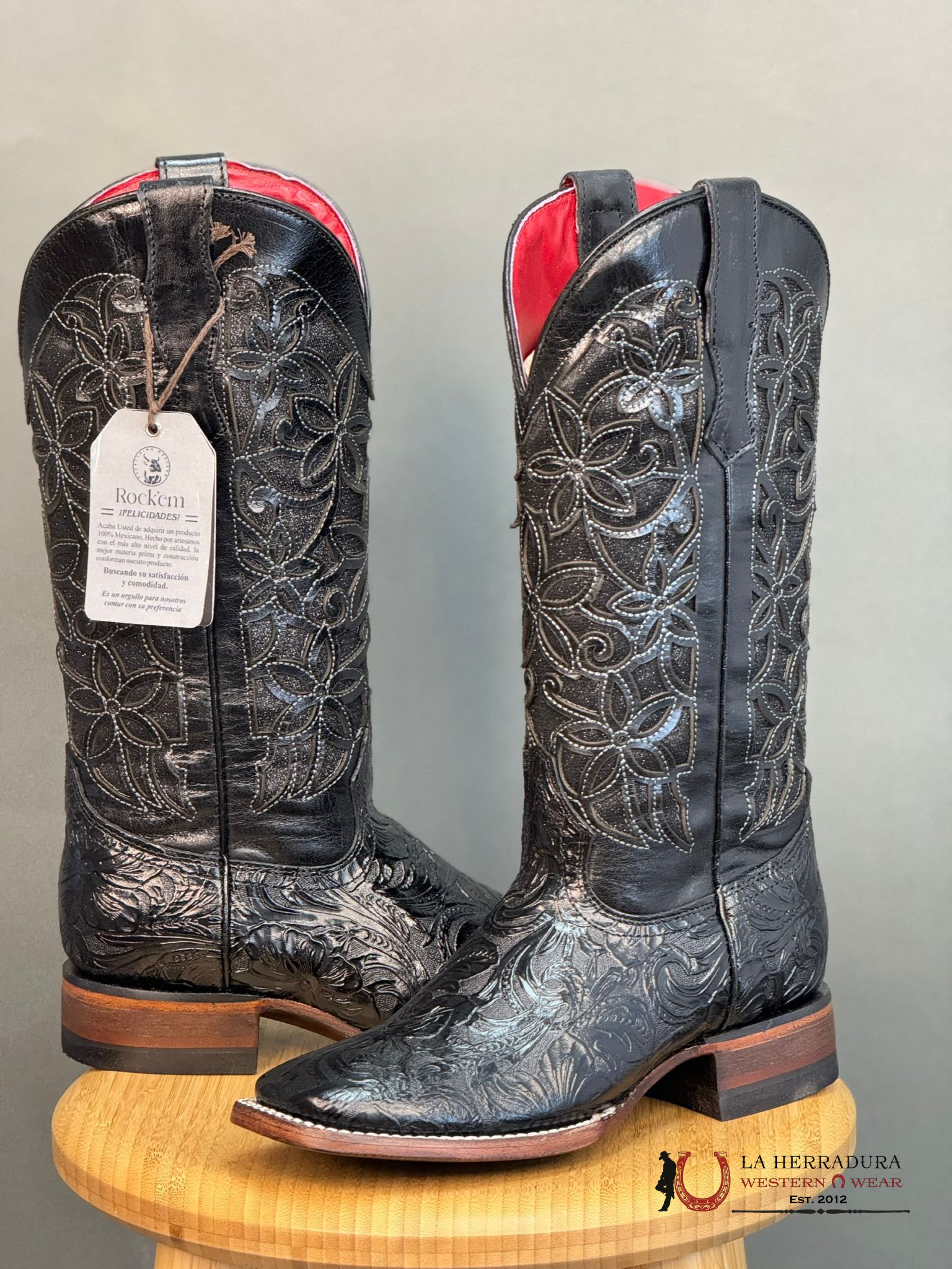 Womens Flor De Luz Hand Tooled Black With Brown Bottom Square Toe Botas Mujeres