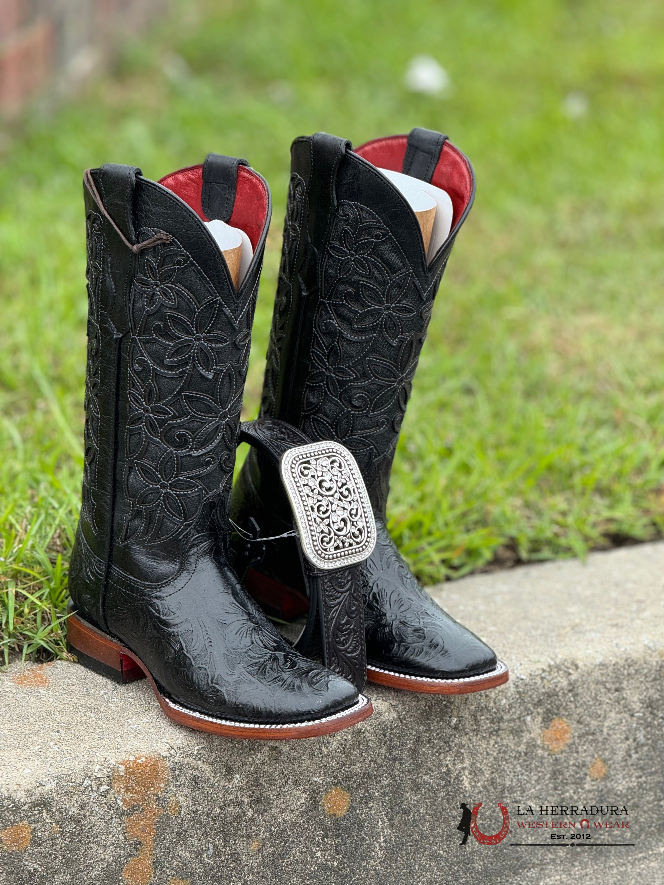 Womens Flor De Luz Hand Tooled Black With Brown Bottom Square Toe Botas Mujeres