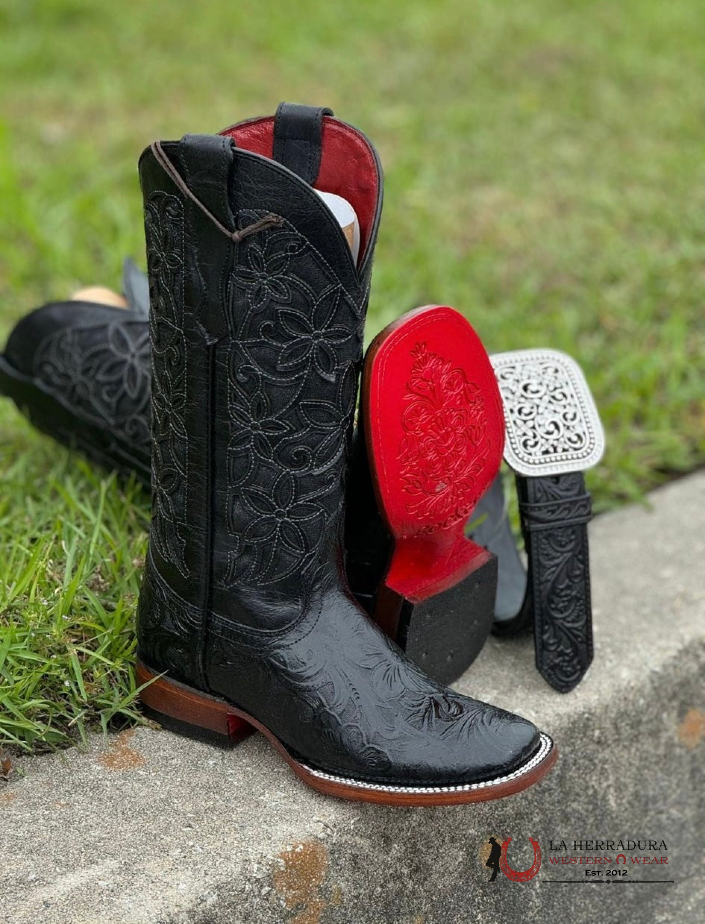 Womens Flor De Luz Hand Tooled Black With Brown Bottom Square Toe Botas Mujeres