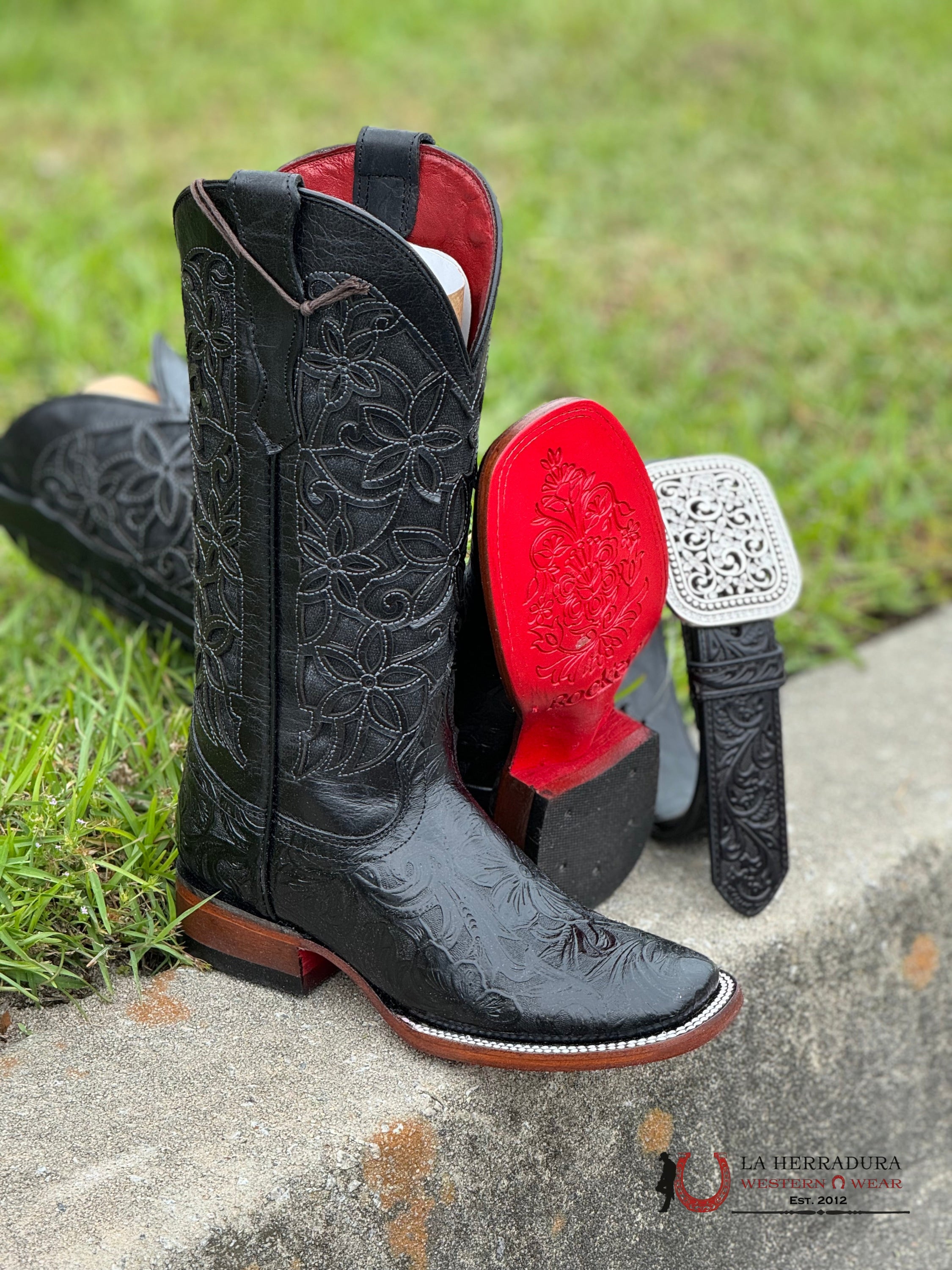 Womens Flor De Luz Hand Tooled Black With Brown Bottom Square Toe Botas Mujeres