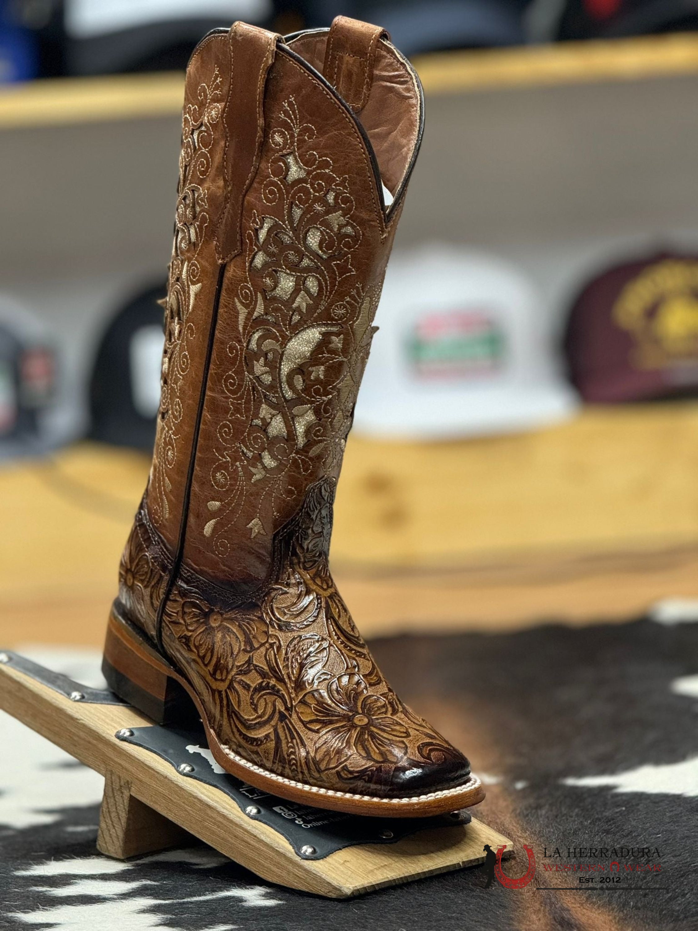 Womens Flor De Luz Alma Hand Tooled Honey Square Toe Botas Mujeres