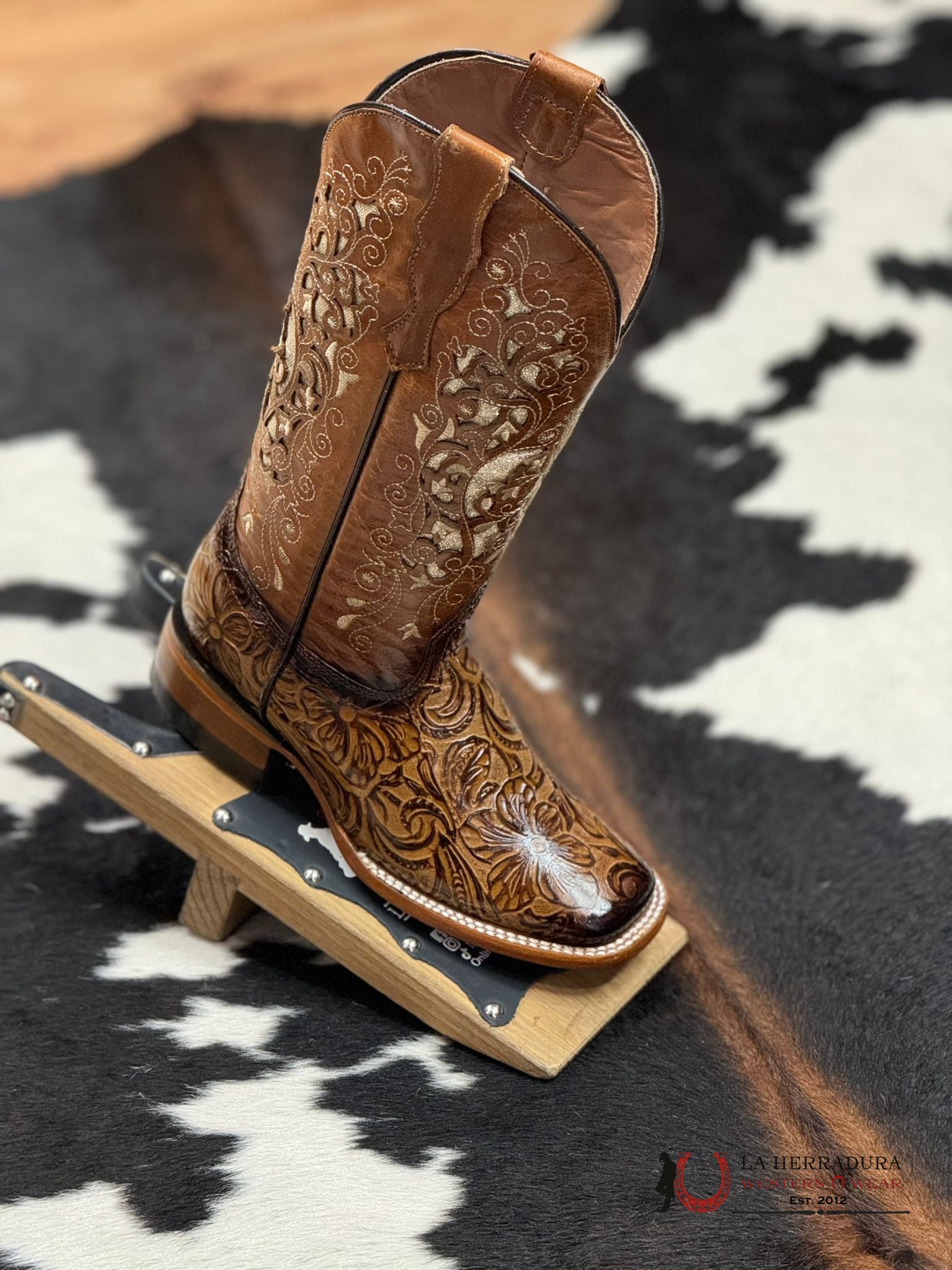 Womens Flor De Luz Alma Hand Tooled Honey Square Toe Botas Mujeres