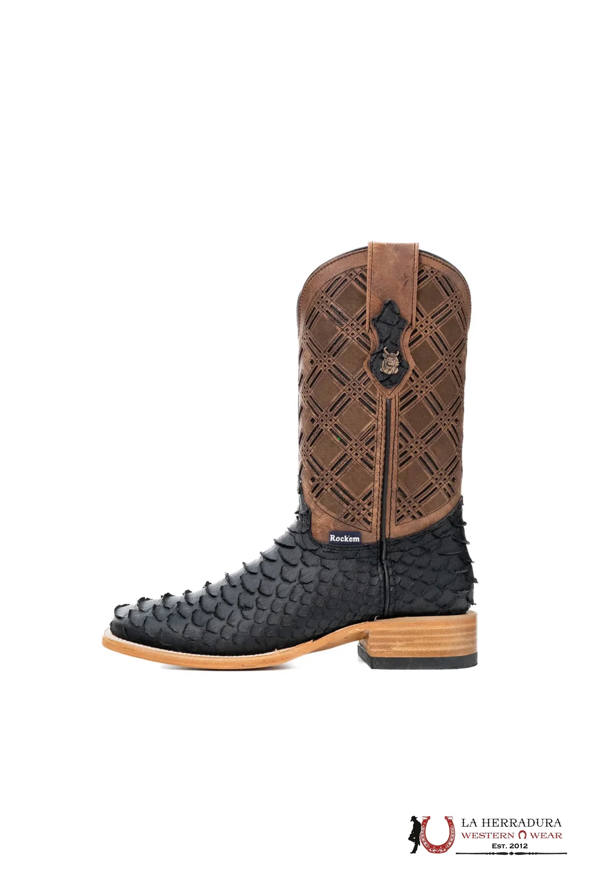 ROCKEM CLON PYTHON MATTE BLACK *BROWN TUBE* SQ. TOE BOOT BOTAS HOMBRES