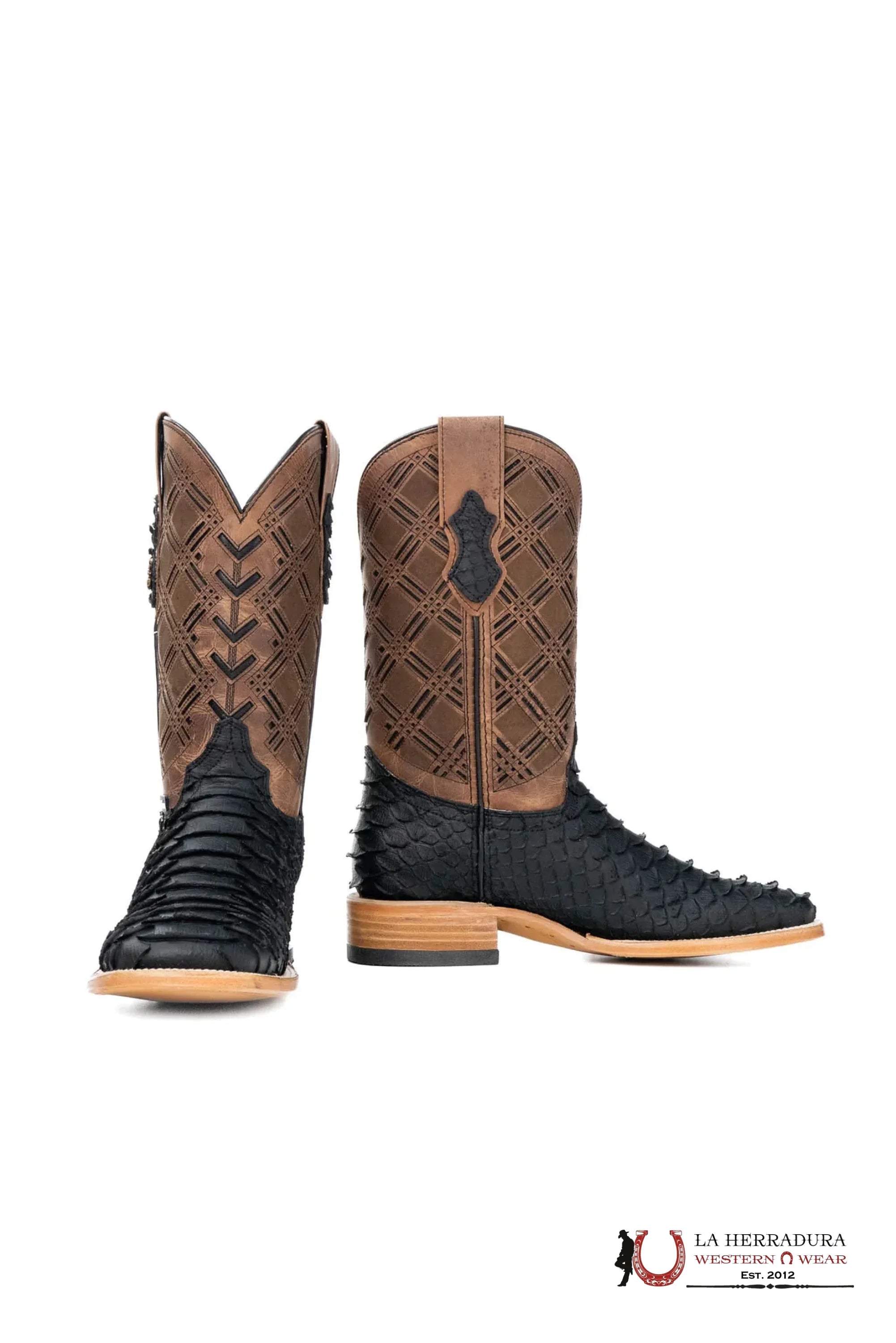 ROCKEM CLON PYTHON MATTE BLACK *BROWN TUBE* SQ. TOE BOOT BOTAS HOMBRES