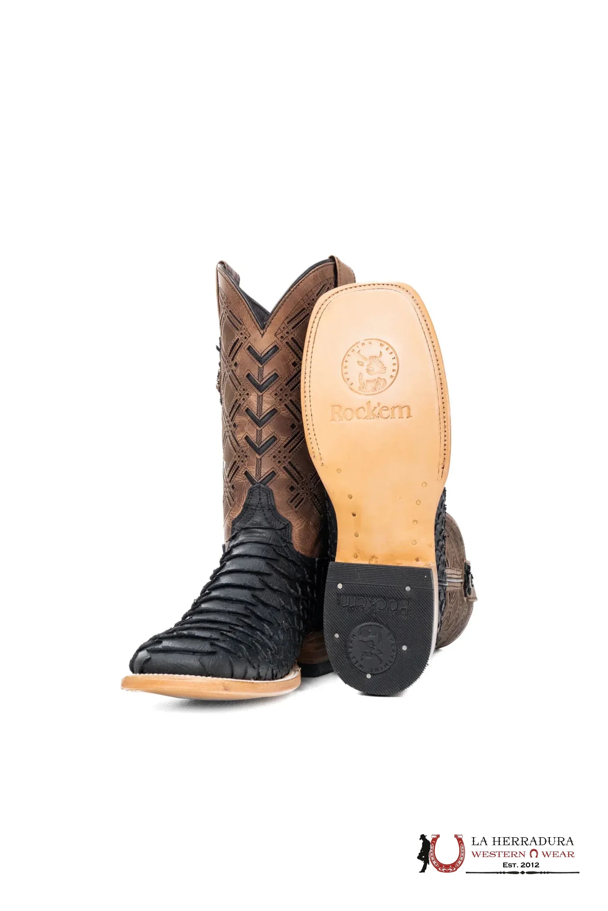 ROCKEM CLON PYTHON MATTE BLACK *BROWN TUBE* SQ. TOE BOOT BOTAS HOMBRES