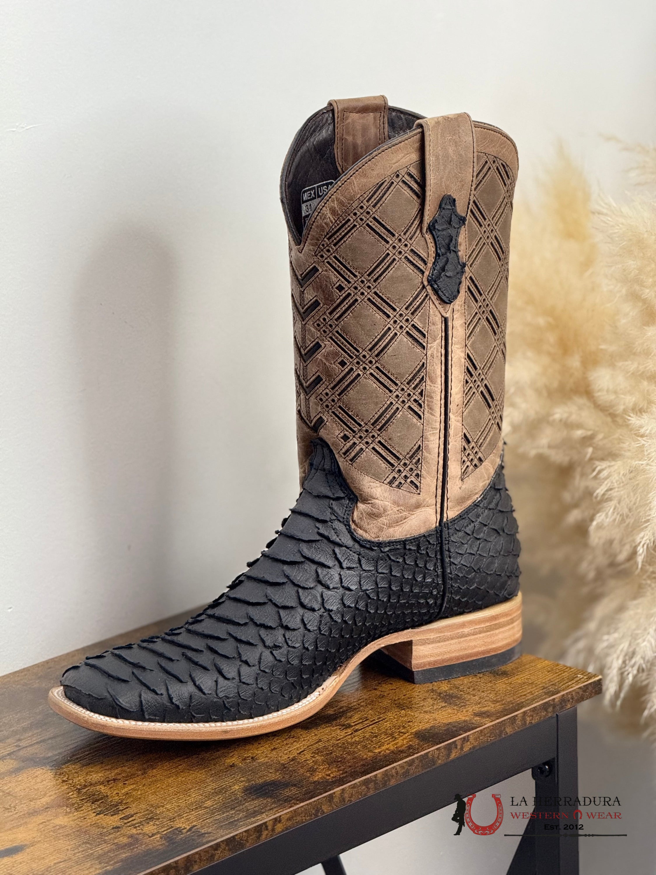 ROCKEM CLON PYTHON MATTE BLACK *BROWN TUBE* SQ. TOE BOOT BOTAS HOMBRES