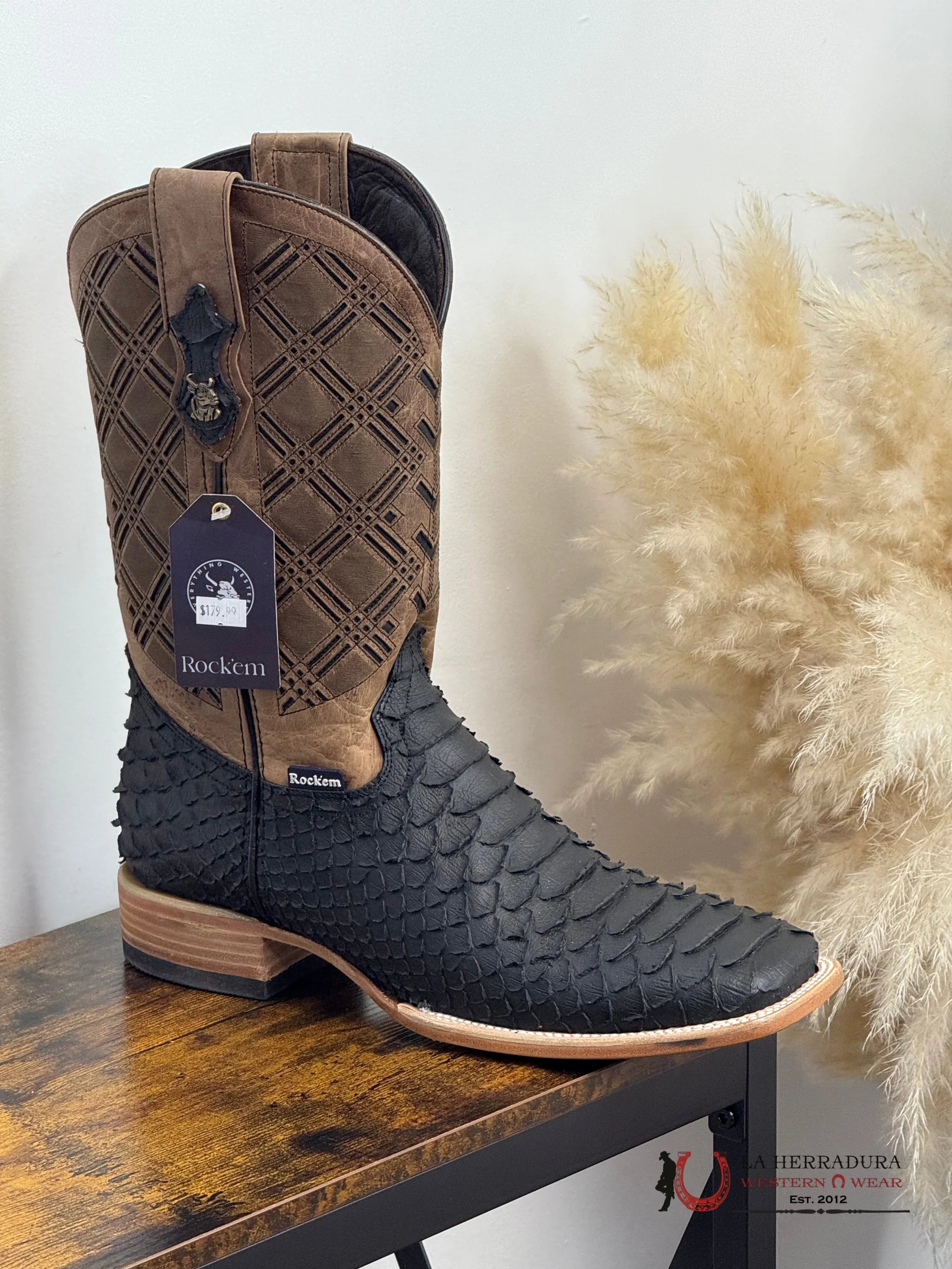 ROCKEM CLON PYTHON MATTE BLACK *BROWN TUBE* SQ. TOE BOOT BOTAS HOMBRES