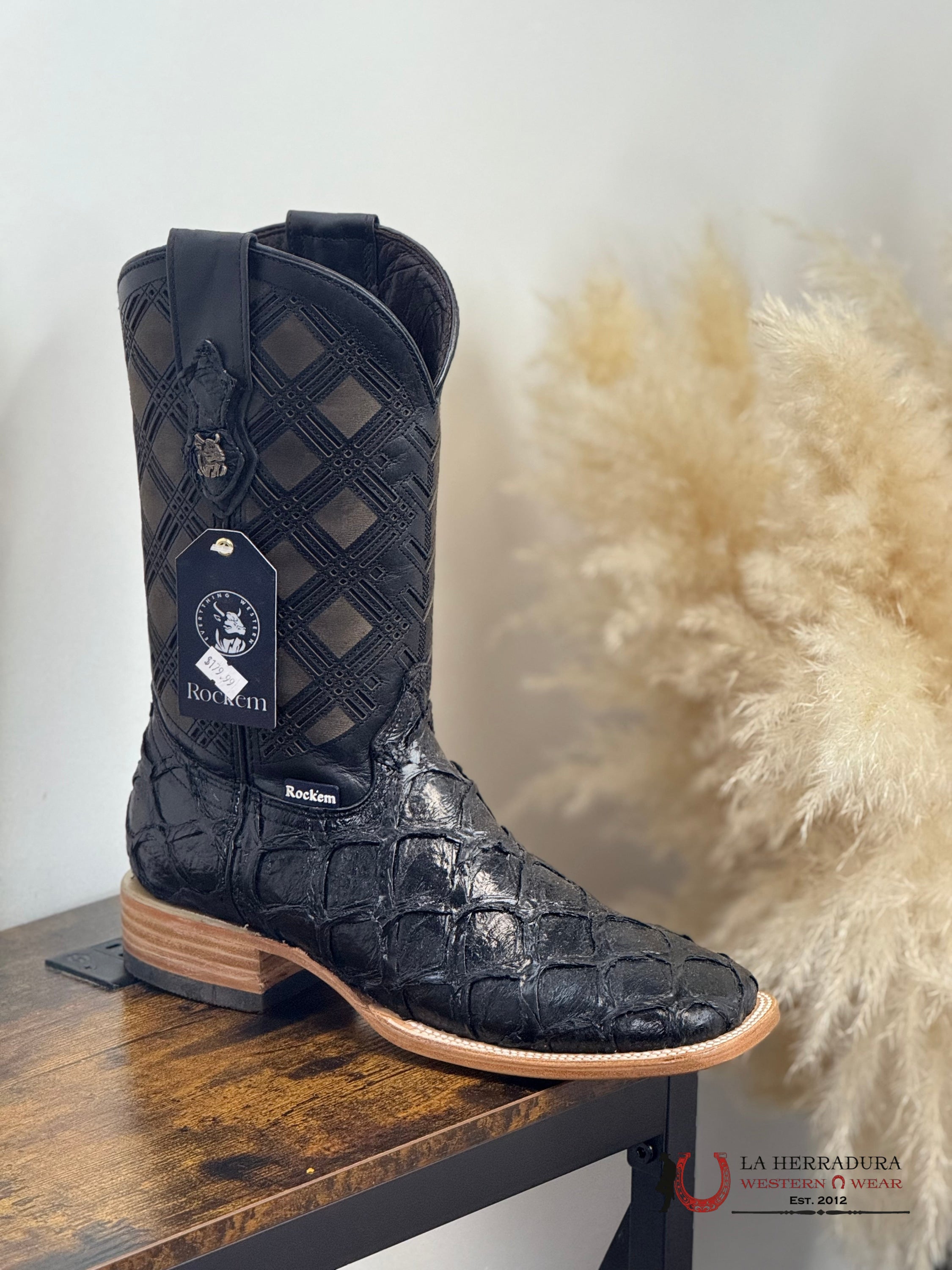 ROCKEM CLON FISH BOOT SHINY BLACK PIRARUCU SQ. TOE BOTAS HOMBRES