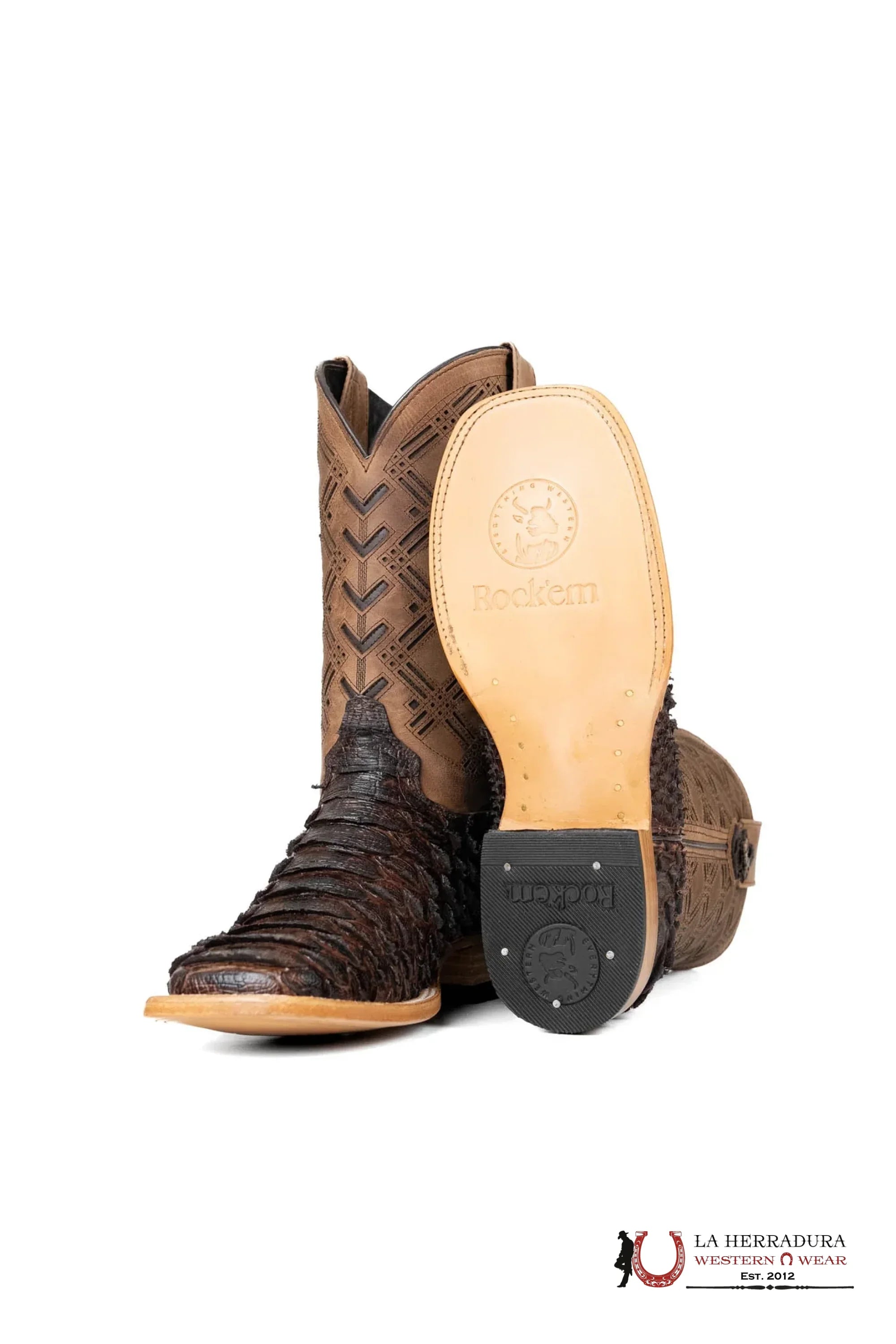 ROCKEM CLON PYTHON CAFE BRILLOSO *BROWN TUBE* SQ. TOE BOOT BOTAS HOMBRES