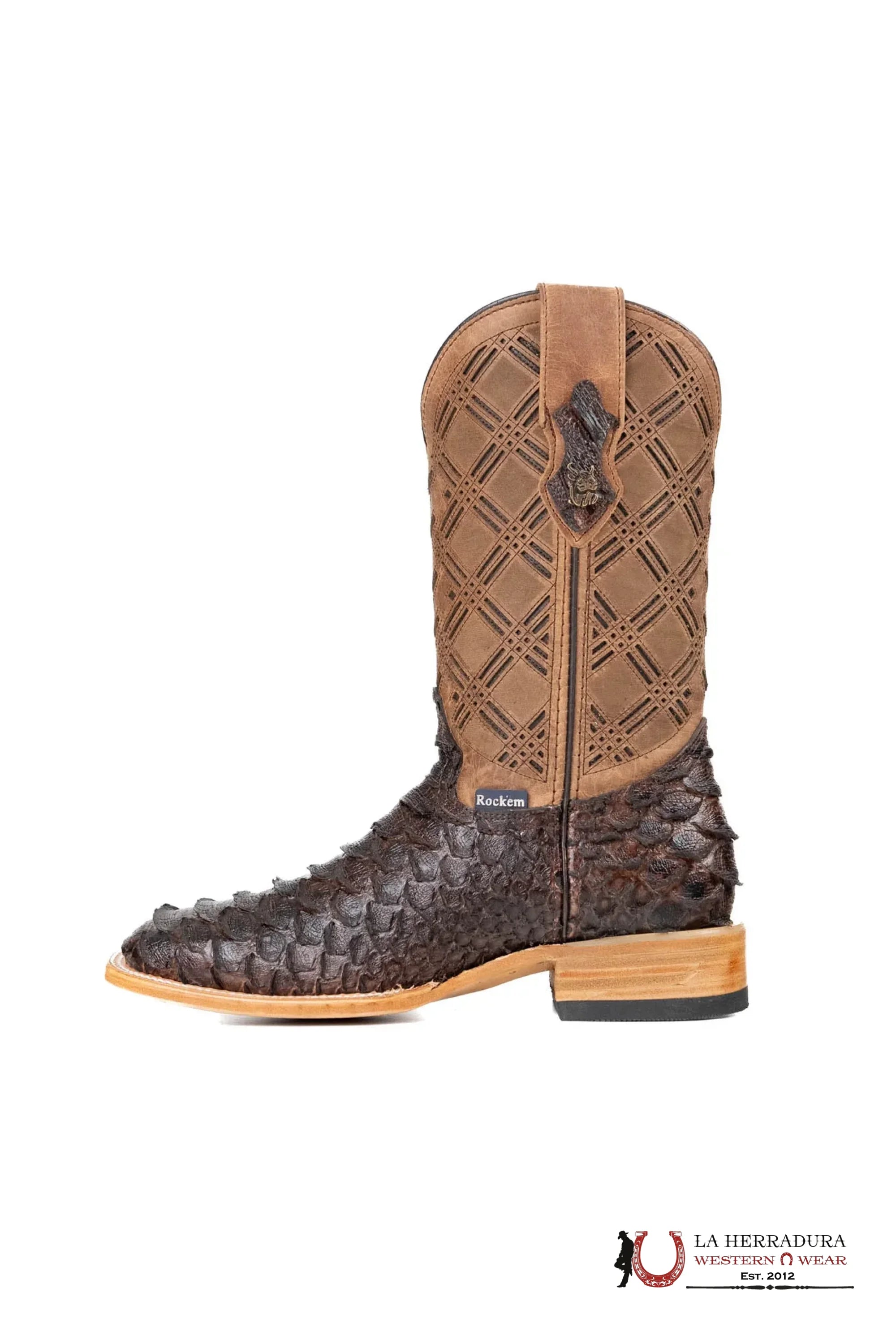 ROCKEM CLON PYTHON CAFE BRILLOSO *BROWN TUBE* SQ. TOE BOOT BOTAS HOMBRES
