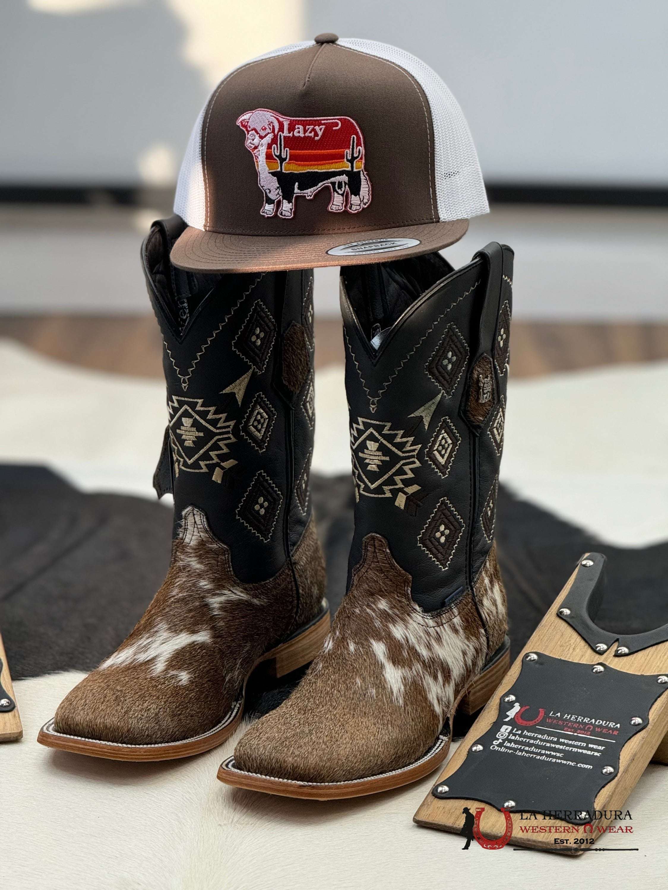 ROCKEM COWHIDE BROWN AND WHITE SQ. TOE BOOT (EVERY PAIR IS UNIQUE)
