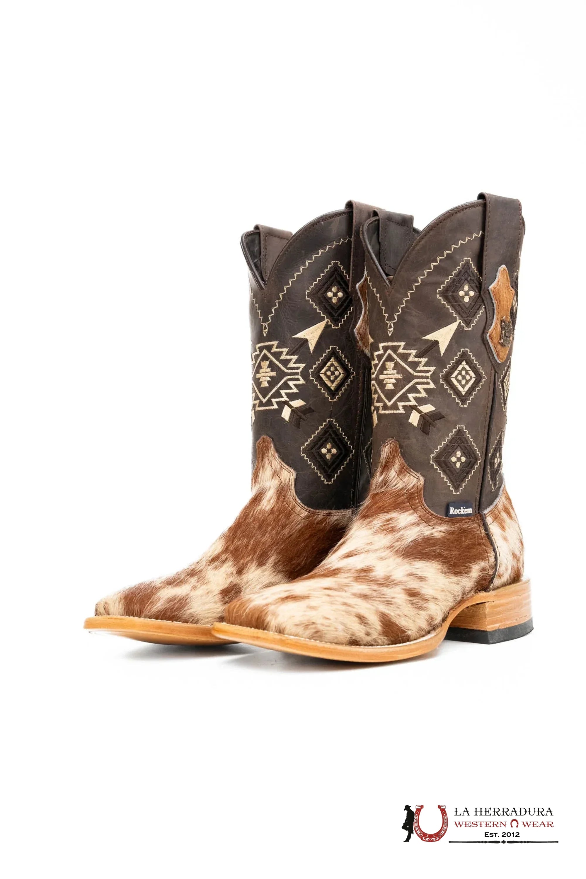 ROCKEM EST. AZTECA COWHIDE BROWN AND WHITE SQ. TOE BOOT (EVERY PAIR IS UNIQUE) BOTAS HOMBRES
