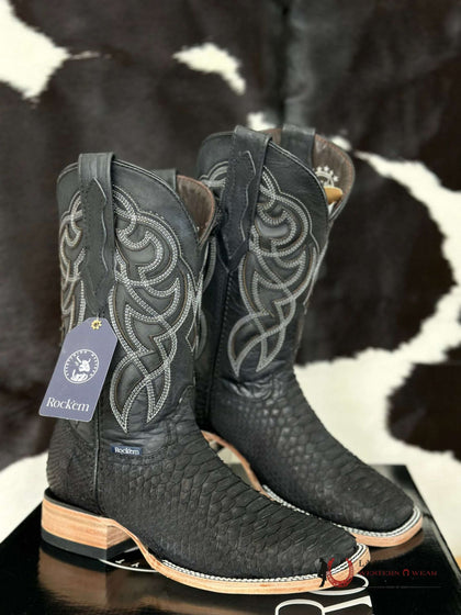 BOTA DE PITÓN EXÓTICA ROCK'EM NOBUCK NEGRO MATE PUNTA CUADRADA