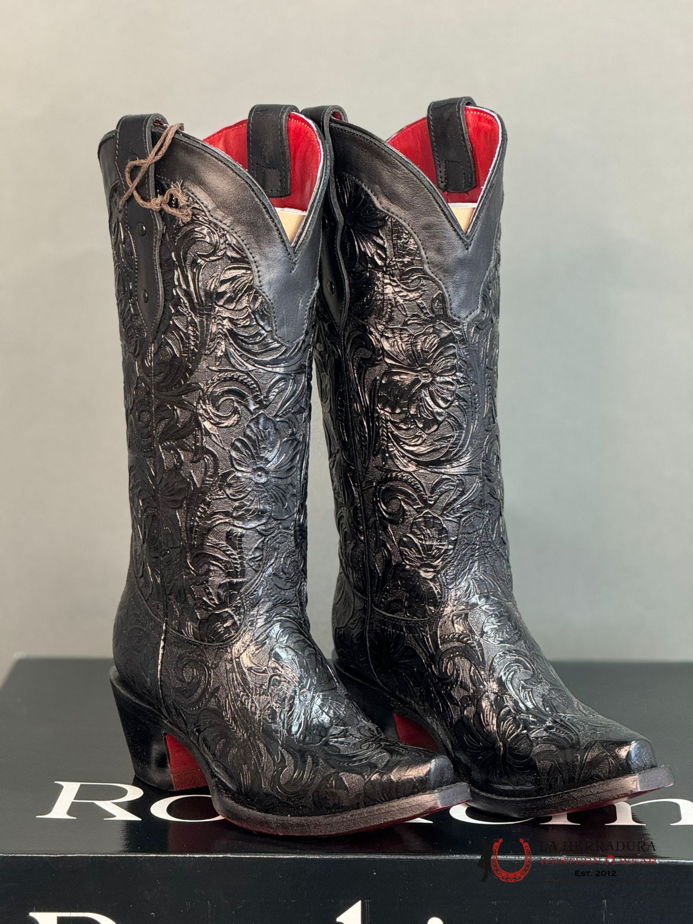 Rock’em Hand Tooled Flor De Luz Black Point Toe Botas Mujeres