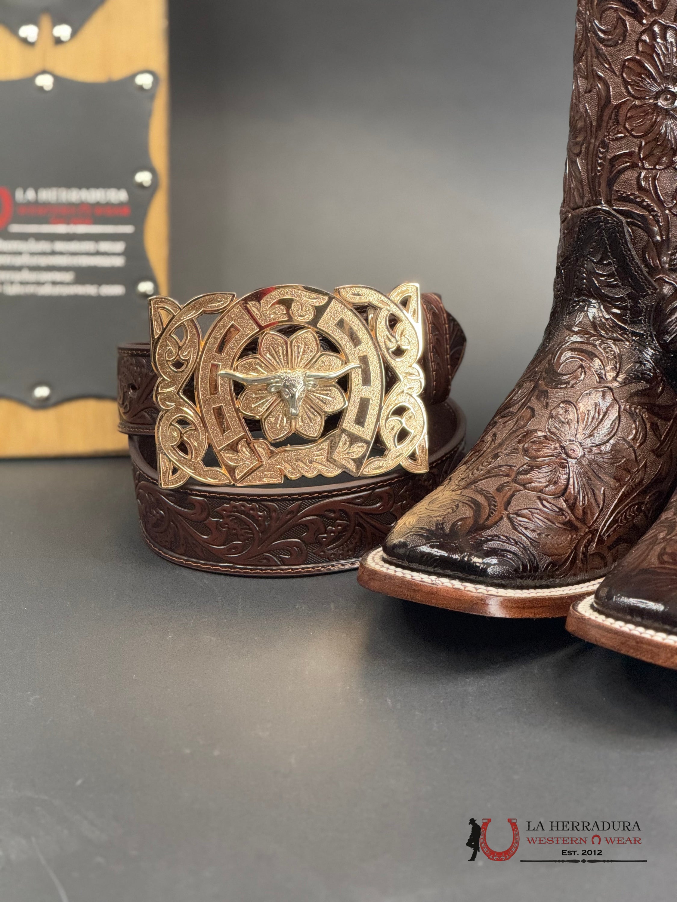 Hand Tooled Flor De Luz Cafe Mila Square Toe 452 Botas Mujeres