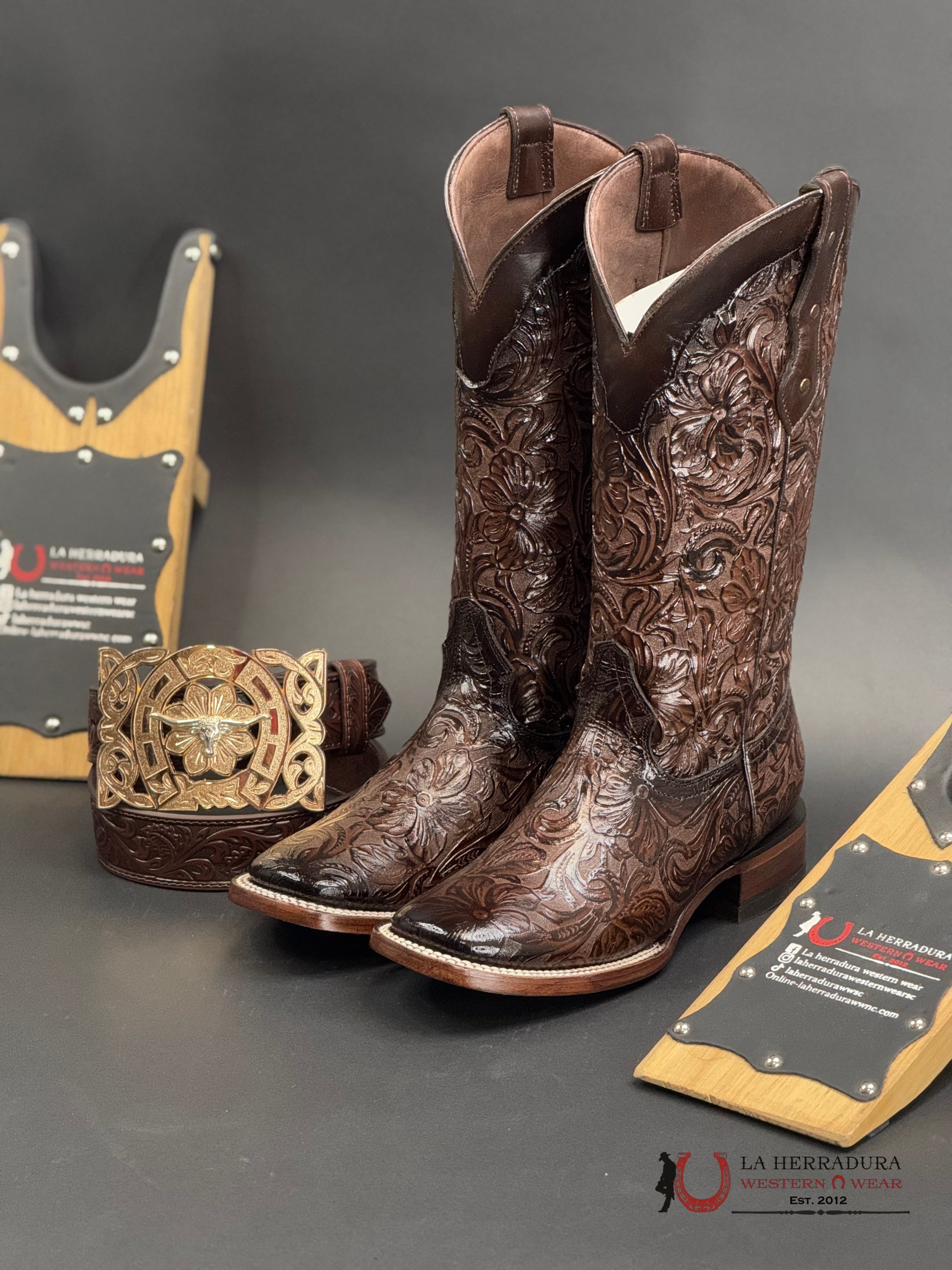 Hand Tooled Flor De Luz Cafe Mila Square Toe 452 Botas Mujeres