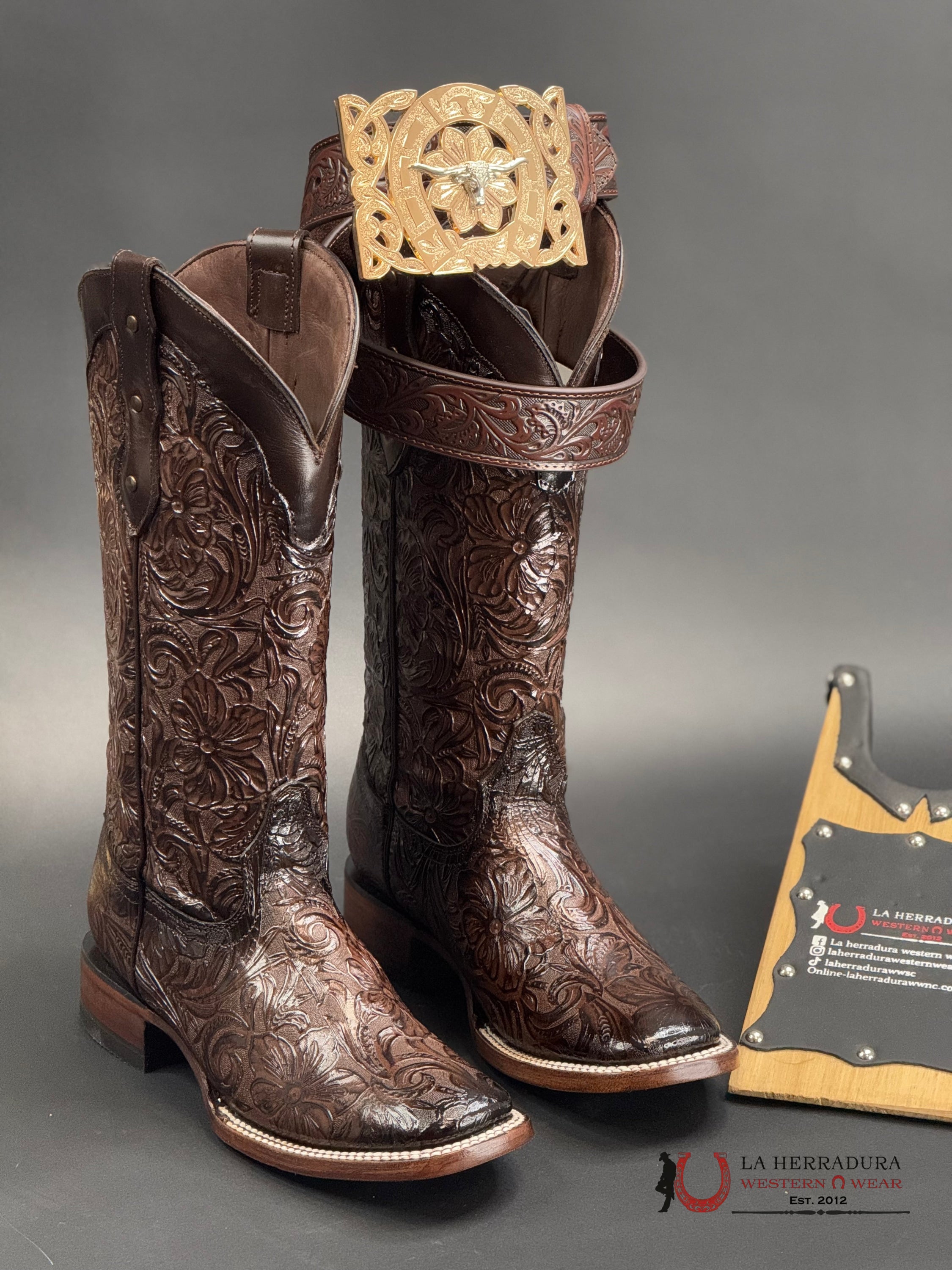 Hand Tooled Flor De Luz Cafe Mila Square Toe 452 Botas Mujeres