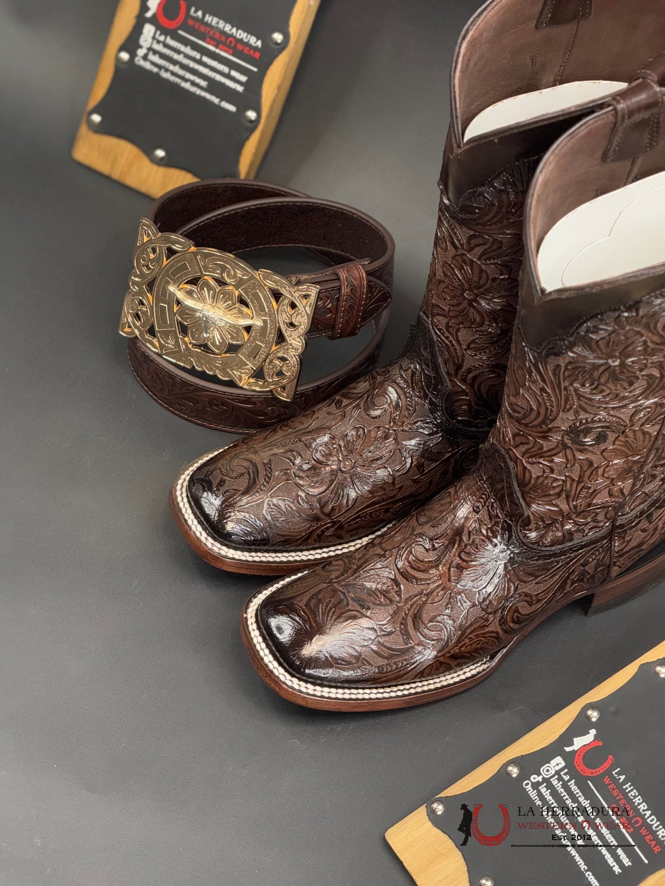 Hand Tooled Flor De Luz Cafe Mila Square Toe 452 Botas Mujeres