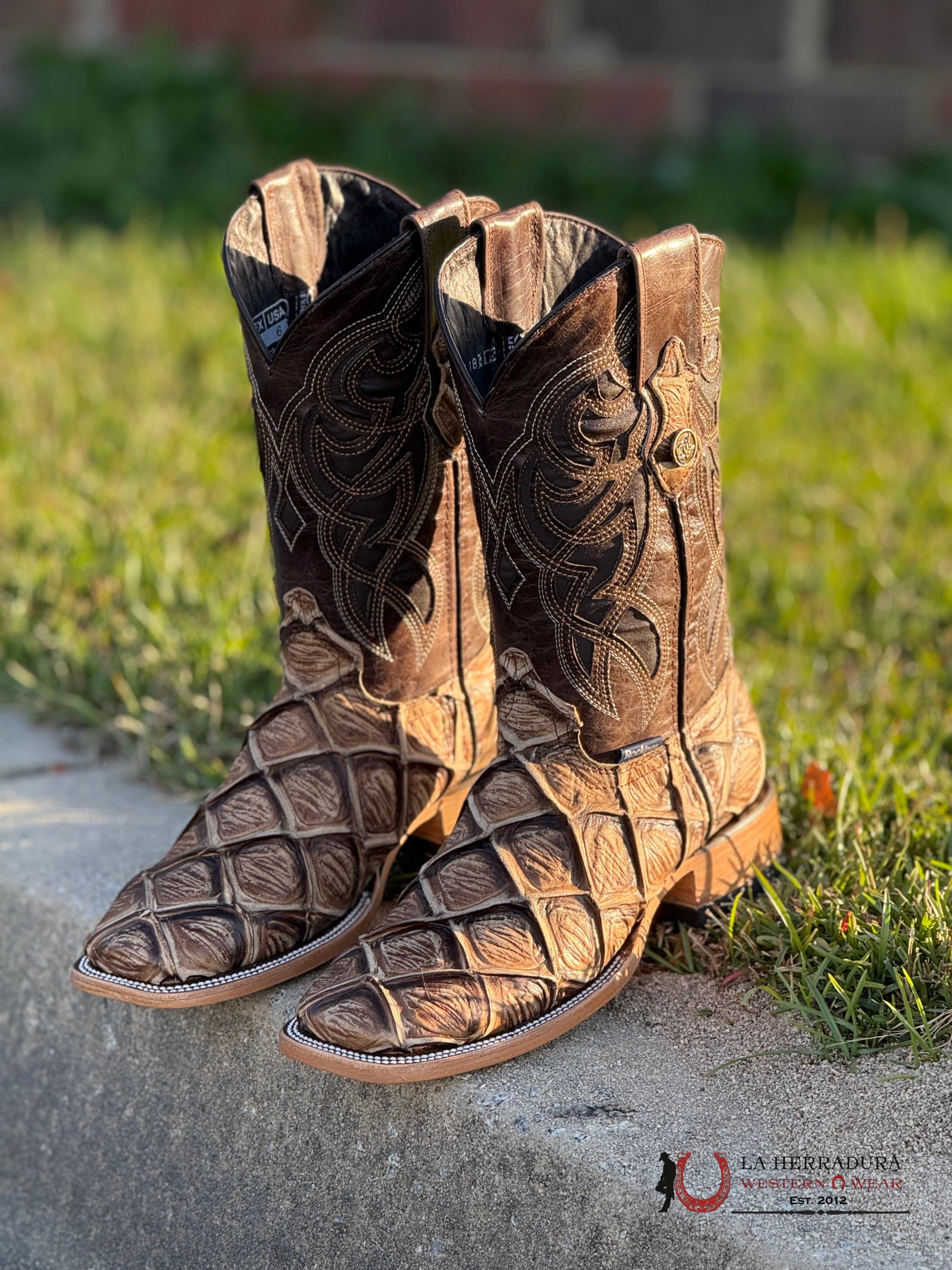 Mens Imit Pez Mar Y Tierra Orix Rustico Boot Square Toe Botas Hombres