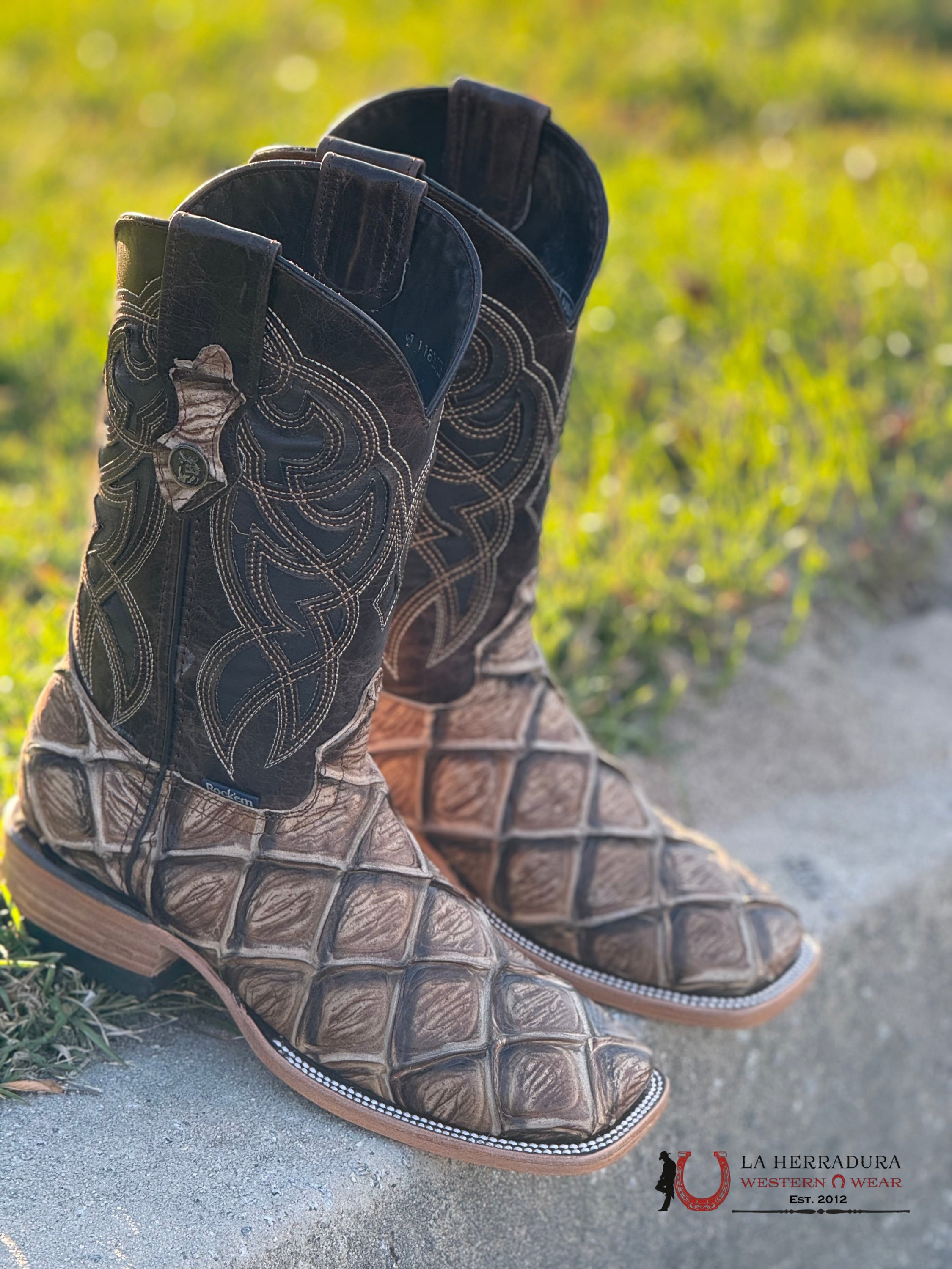 Mens Imit Pez Mar Y Tierra Orix Rustico Boot Square Toe Botas Hombres