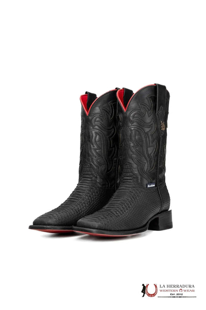 BOTA ROCKEM IMITACIÓN PITÓN RAYADO NEGRO MATE SUELA ROJA PUNTA CUADRADA