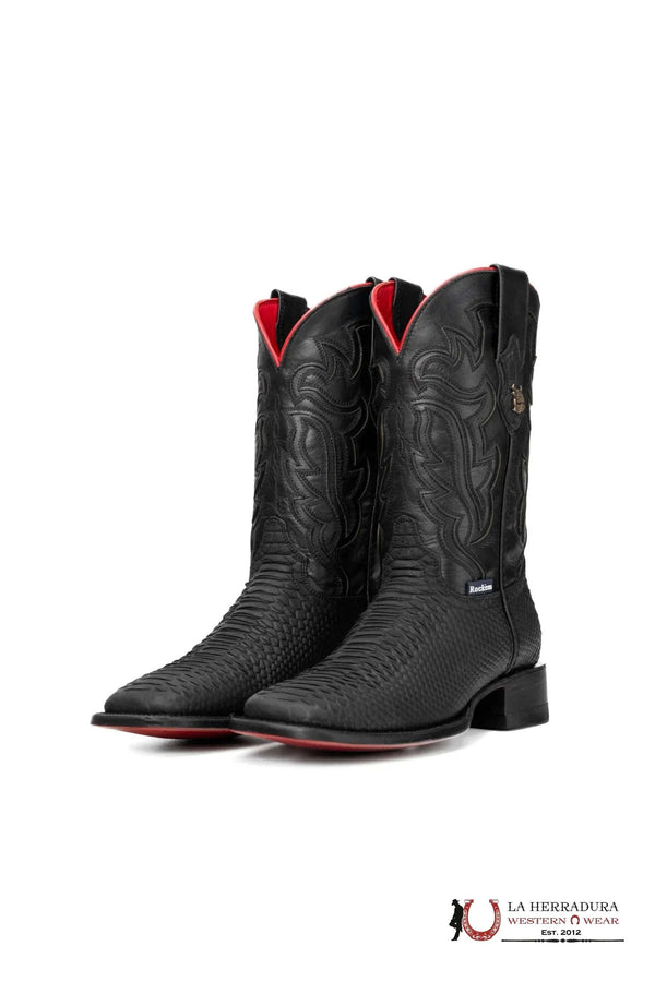 BOTA ROCKEM IMITACIÓN PITÓN RAYADO NEGRO MATE SUELA ROJA PUNTA CUADRADA