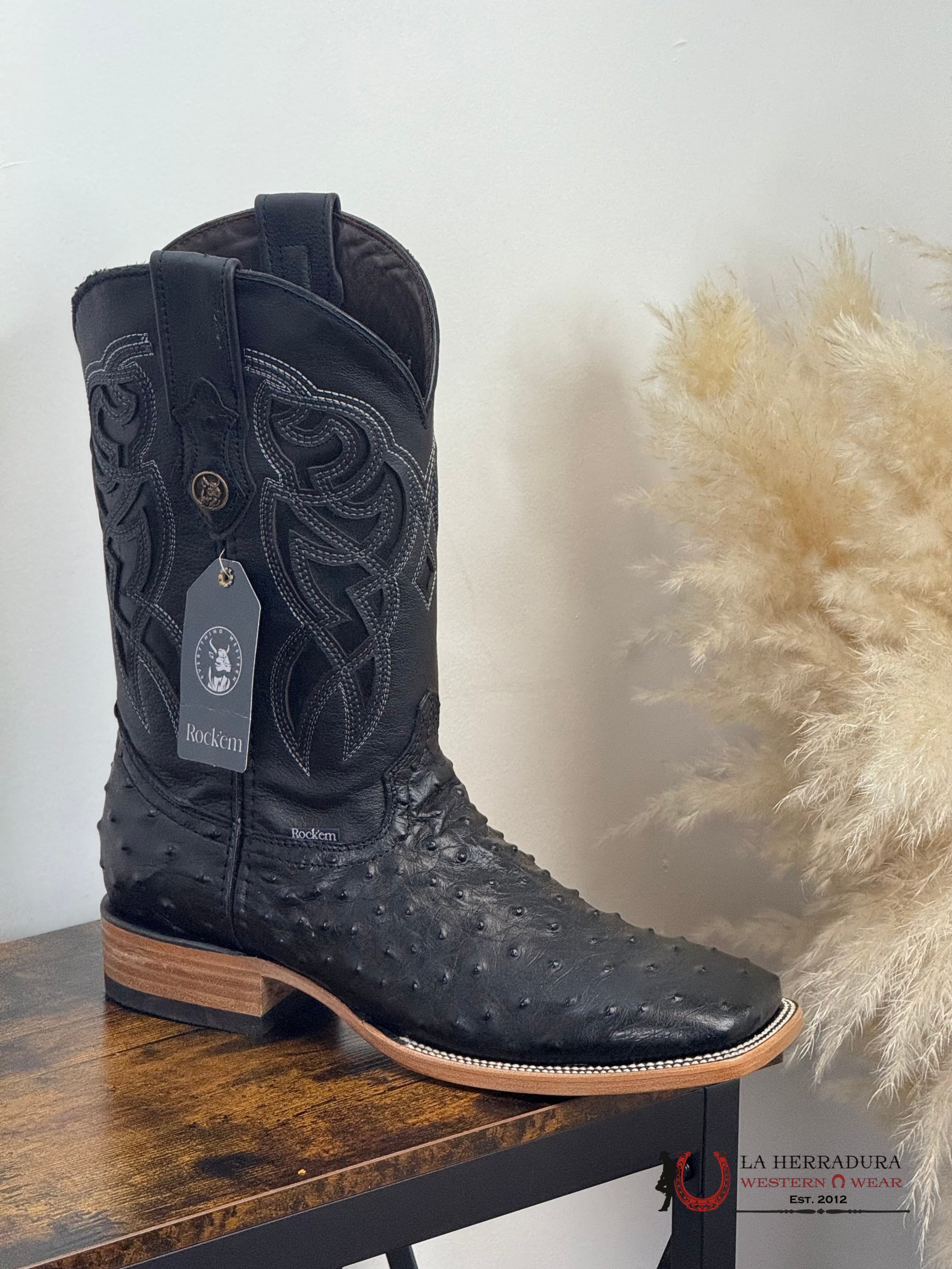 ROCKEM IMIT RANCH BLACK OSTRICH SQ. TOE BOOT BOTAS HOMBRES