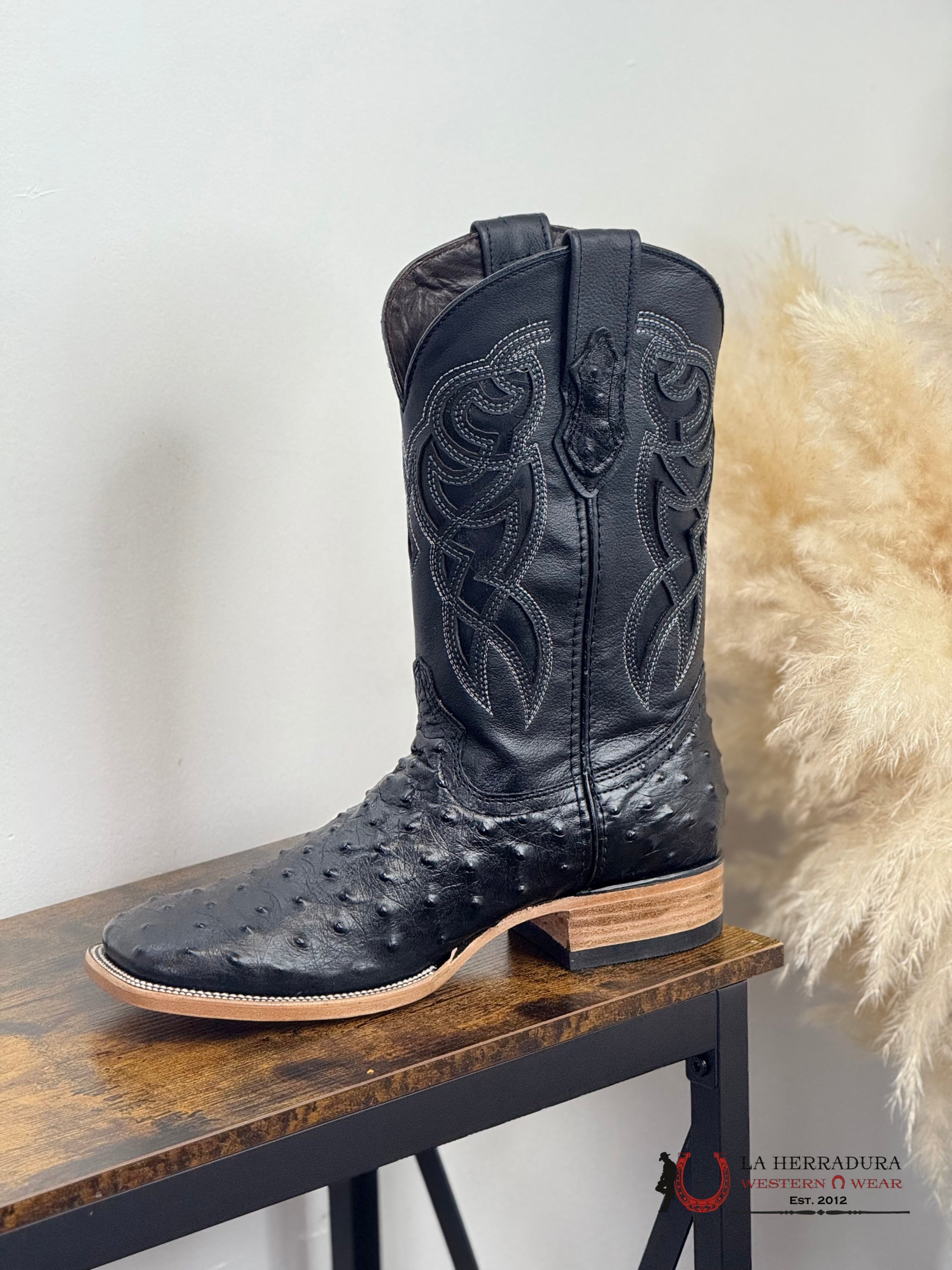 ROCKEM IMIT RANCH BLACK OSTRICH SQ. TOE BOOT BOTAS HOMBRES