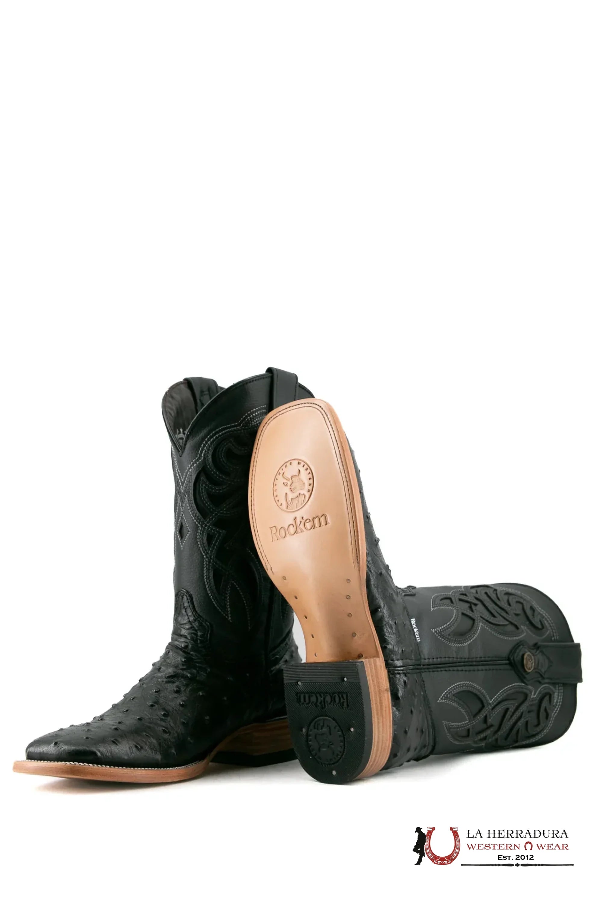 ROCKEM IMIT RANCH BLACK OSTRICH SQ. TOE BOOT BOTAS HOMBRES