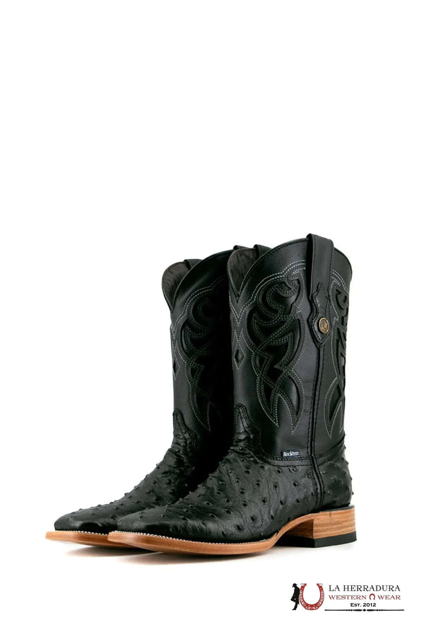 BOTA VAQUERA DE AVESTRUZ NEGRA CON PUNTA CUADRADA ROCKEM IMITACIÓN