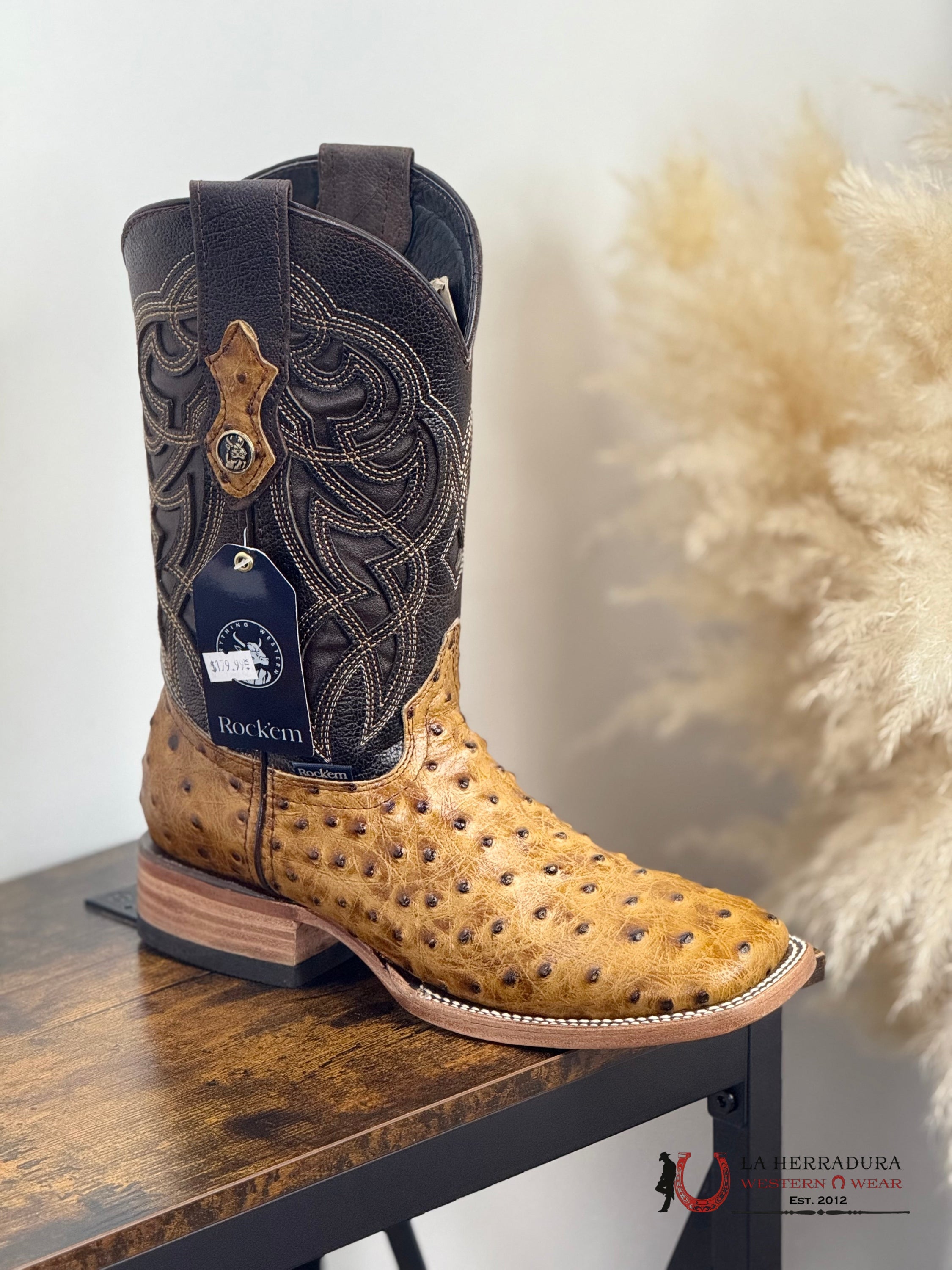 ROCKEM IMIT RANCH HONEY OSTRICH SQ. TOE BOOT BOTAS HOMBRES