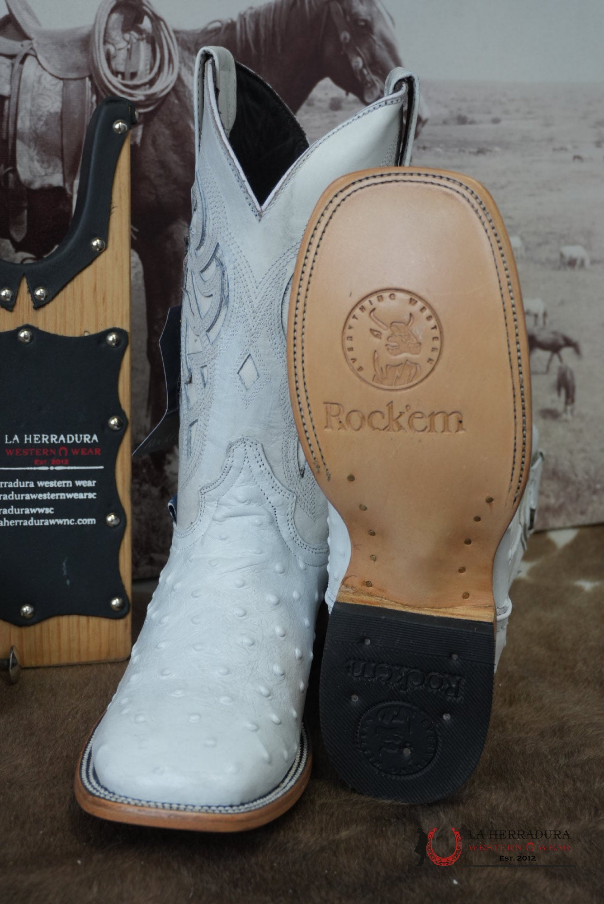 ROCKEM IMIT RANCH WHITE OSTRICH SQ. TOE BOOT