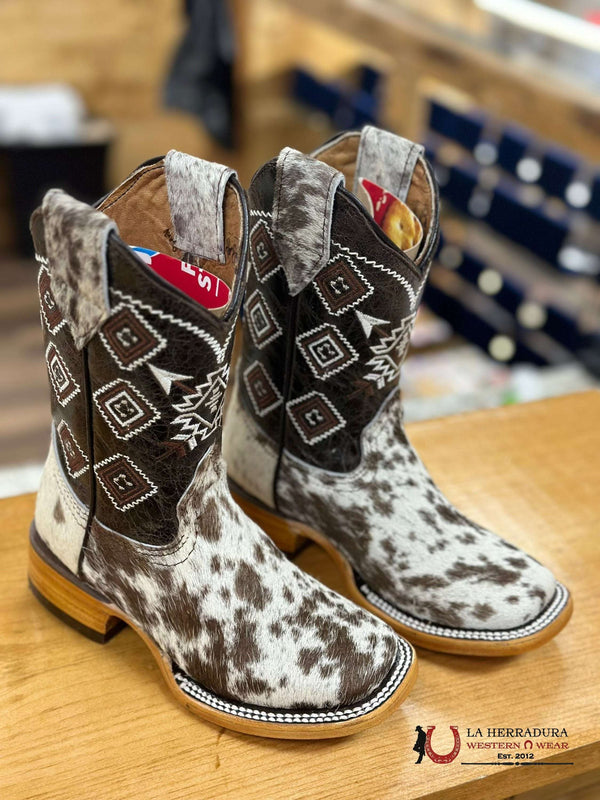 ROCKEM KIDS CUERO DE VACA MARRÓN Y BLANCO CON MOTIVOS AZTECAS *CADA PAR ES ÚNICO*