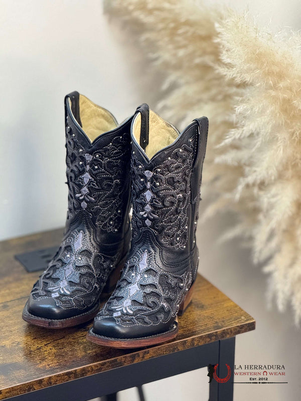 ROCKEM KIDS NIÑAS FLORA NEGRO PUNTA CUADRADA ESTRECHA CON INCRUSTACIONES DE GLITTER NEGRO